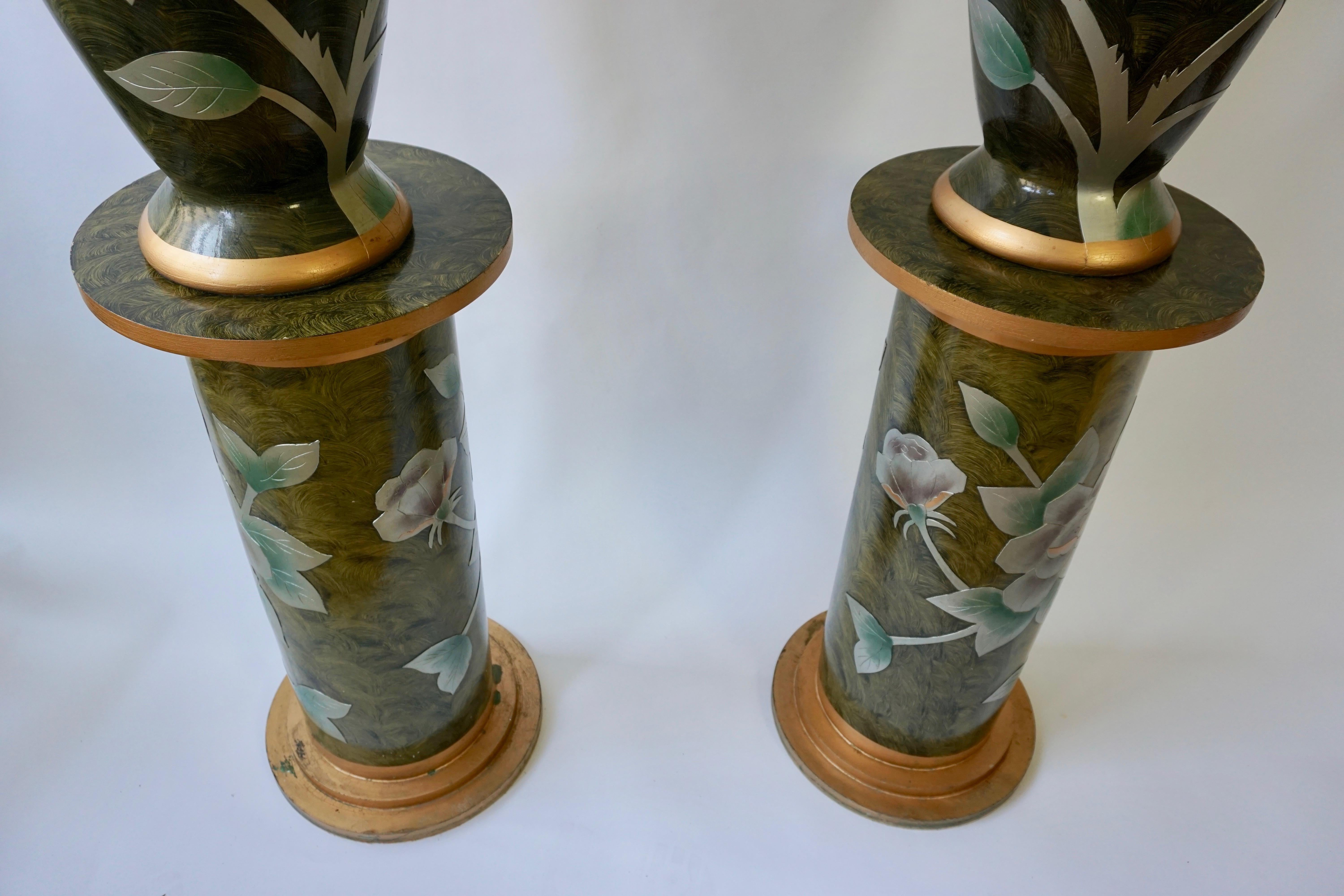 Brass Set of Two Terracotta Table Lamps on Columns For Sale