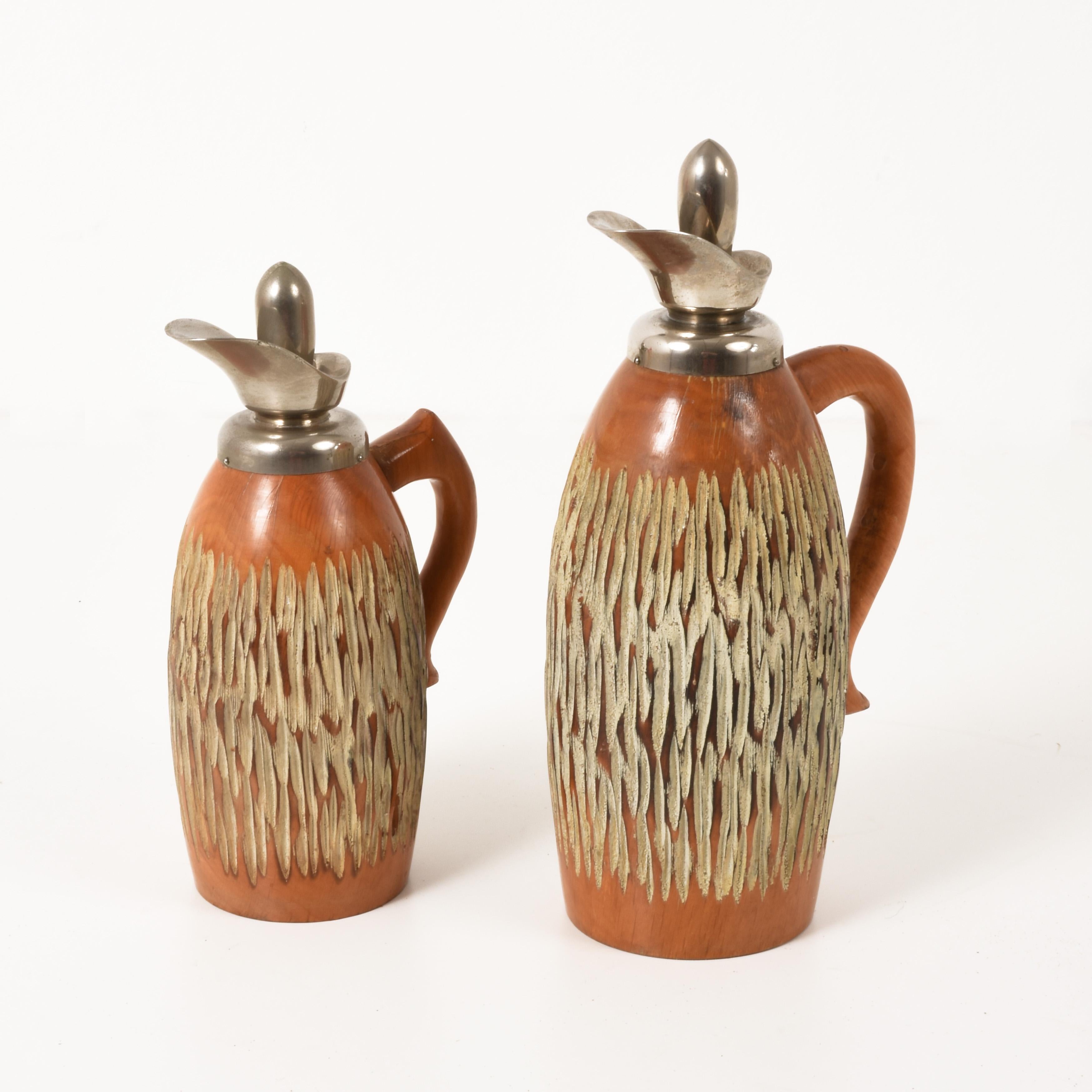 Mid-Century Modern Set of Two Thermos by Aldo Tura for Macabo, Milan, Italy, 1950s, Carved Wood