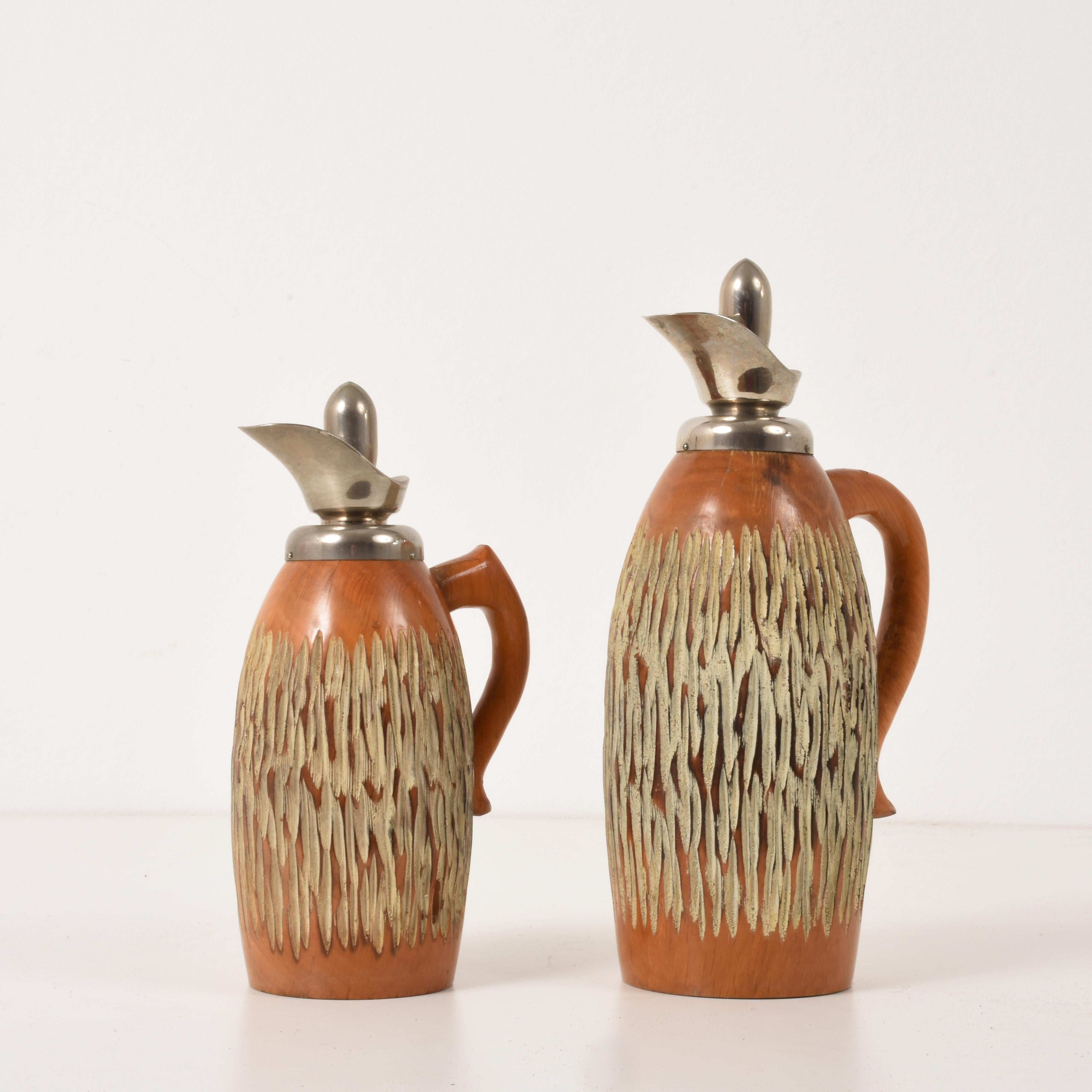 Italian Set of Two Thermos by Aldo Tura for Macabo, Milan, Italy, 1950s, Carved Wood