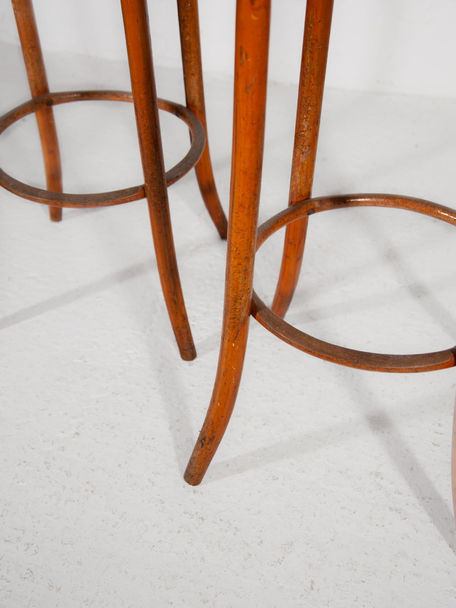 Set of Two Thonet Bentwood Cafe Bar Stools and Padded Leather Seat. 3