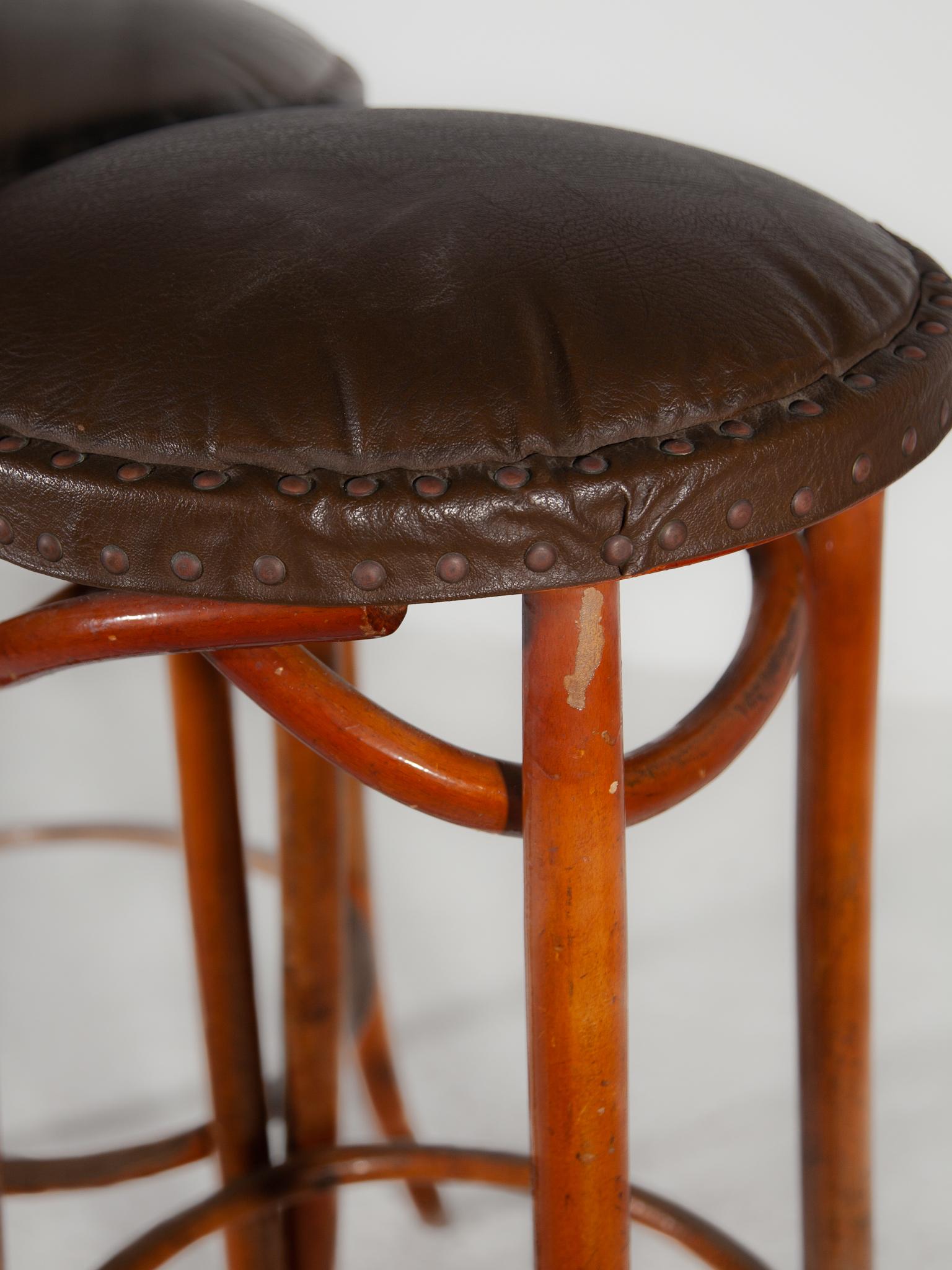 Set of Two Thonet Bentwood Cafe Bar Stools and Padded Leather Seat. 5