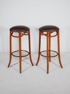 Set of Two Thonet Bentwood Cafe Bar Stools and Padded Leather Seat.