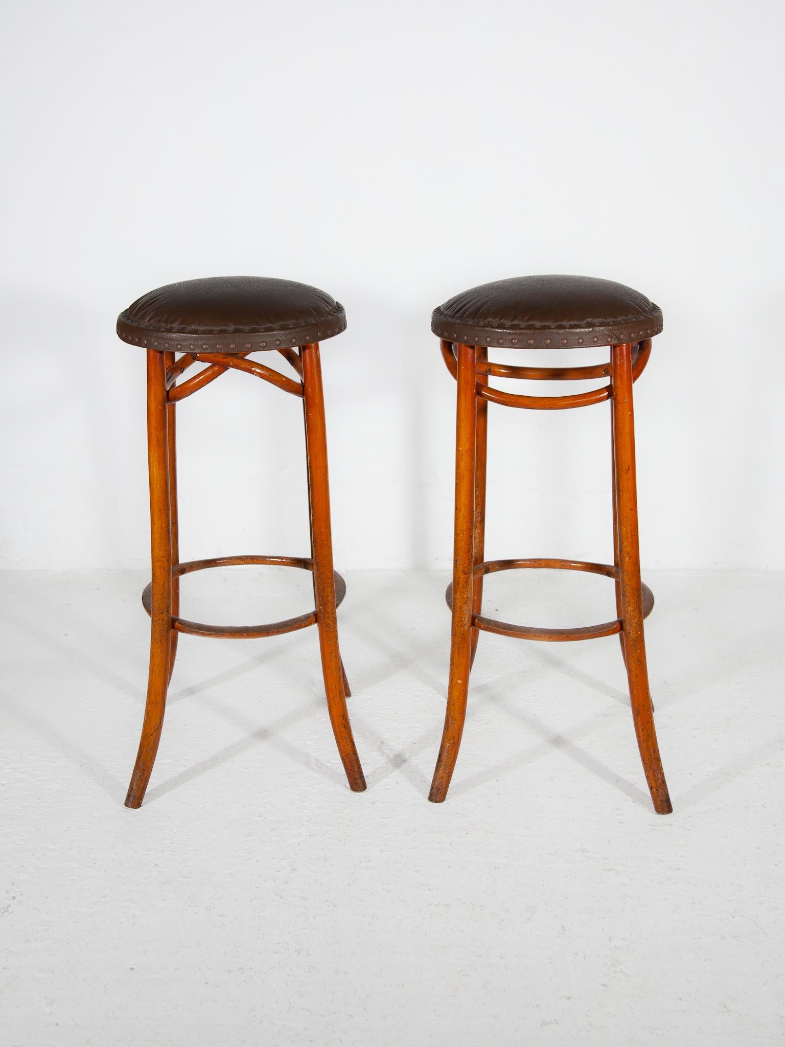 Mid-Century Modern Set of Two Thonet Bentwood Cafe Bar Stools and Padded Leather Seat.