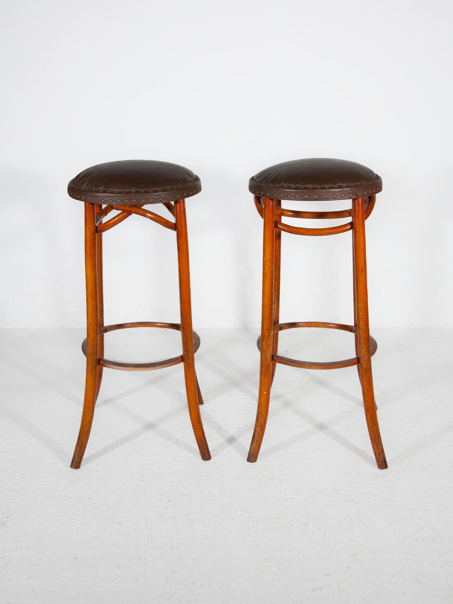 Austrian Set of Two Thonet Bentwood Cafe Bar Stools and Padded Leather Seat.