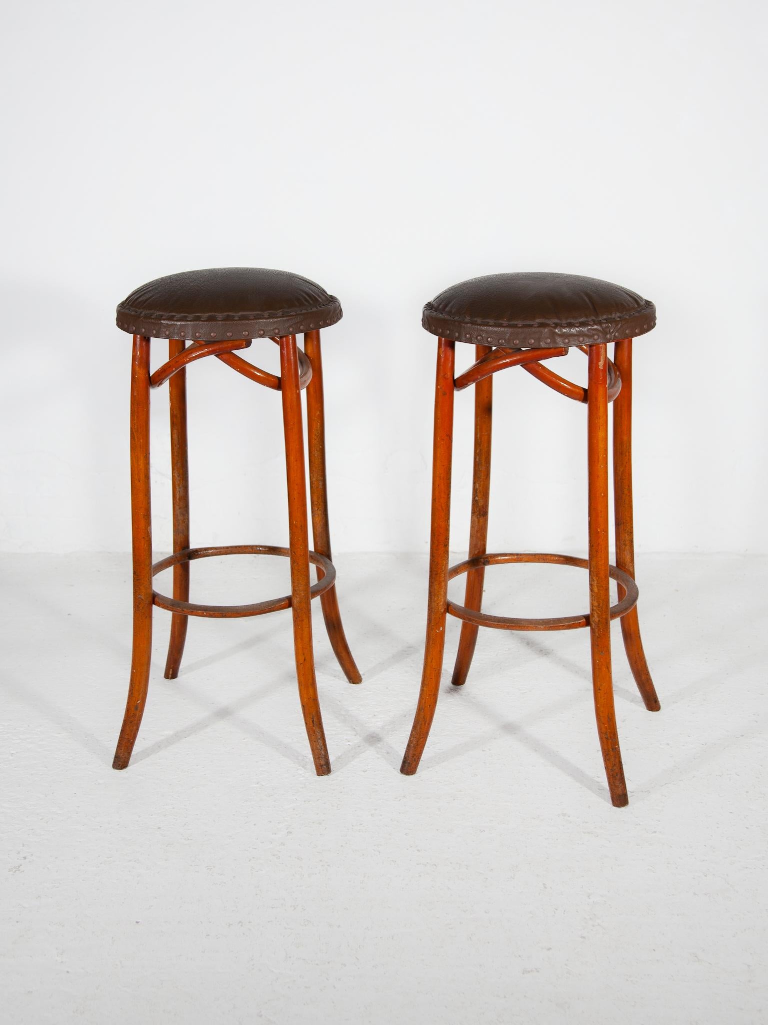 Mid-20th Century Set of Two Thonet Bentwood Cafe Bar Stools and Padded Leather Seat.