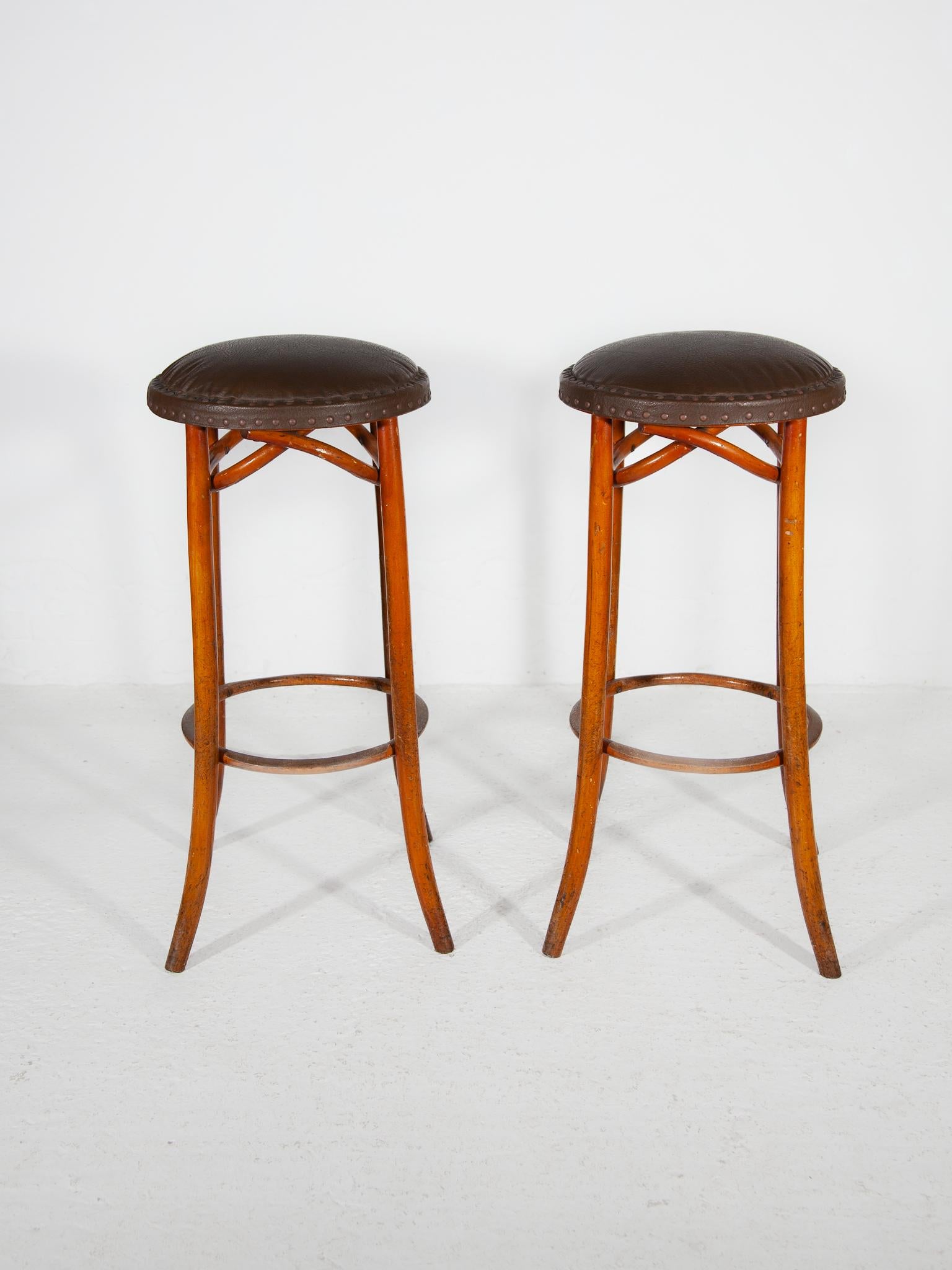 Set of Two Thonet Bentwood Cafe Bar Stools and Padded Leather Seat. 1