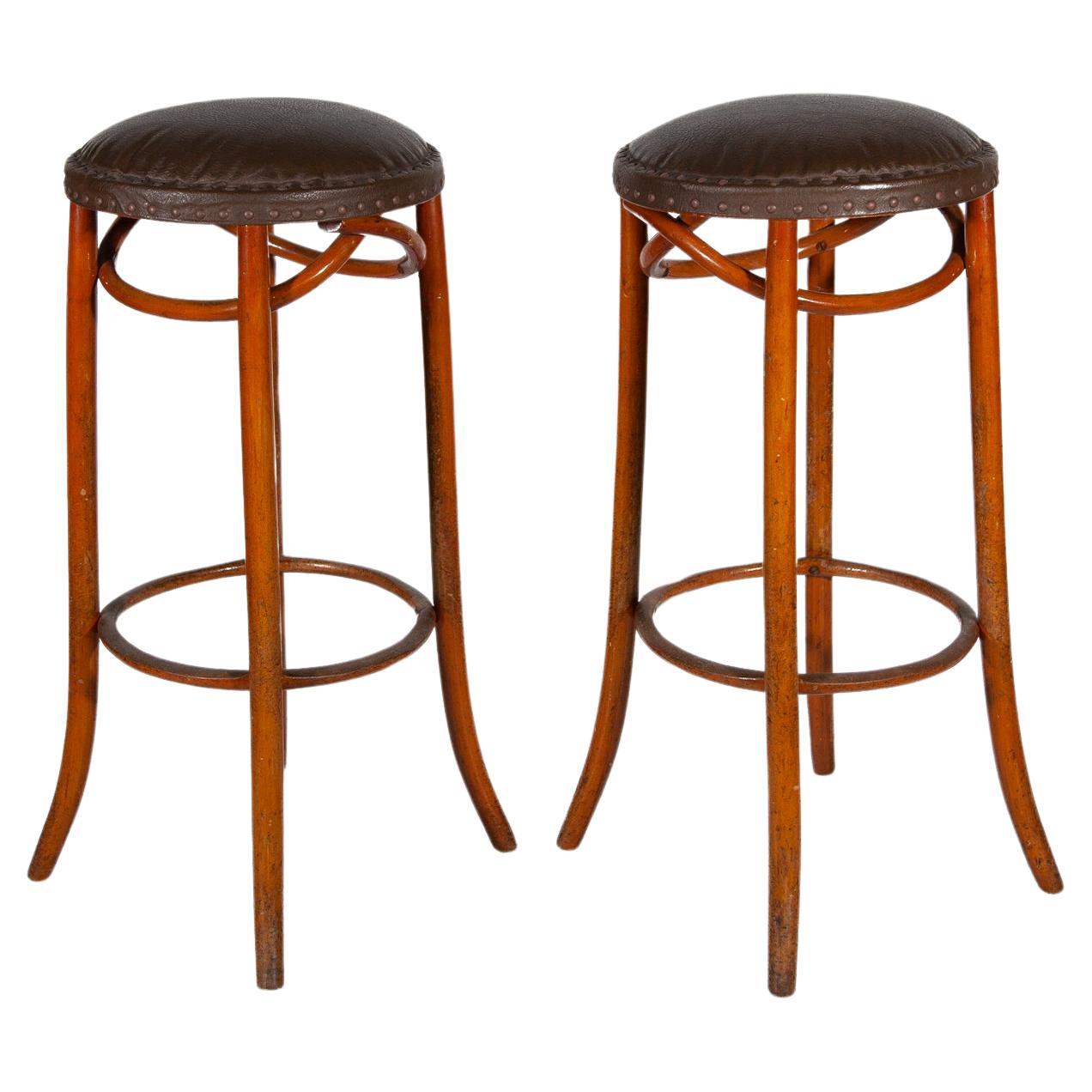Set of Two Thonet Bentwood Cafe Bar Stools and Padded Leather Seat.