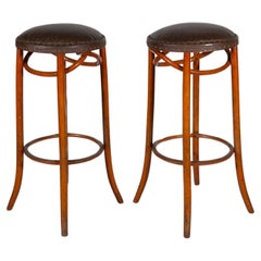 Vintage Set of Two Thonet Bentwood Cafe Bar Stools and Padded Leather Seat.