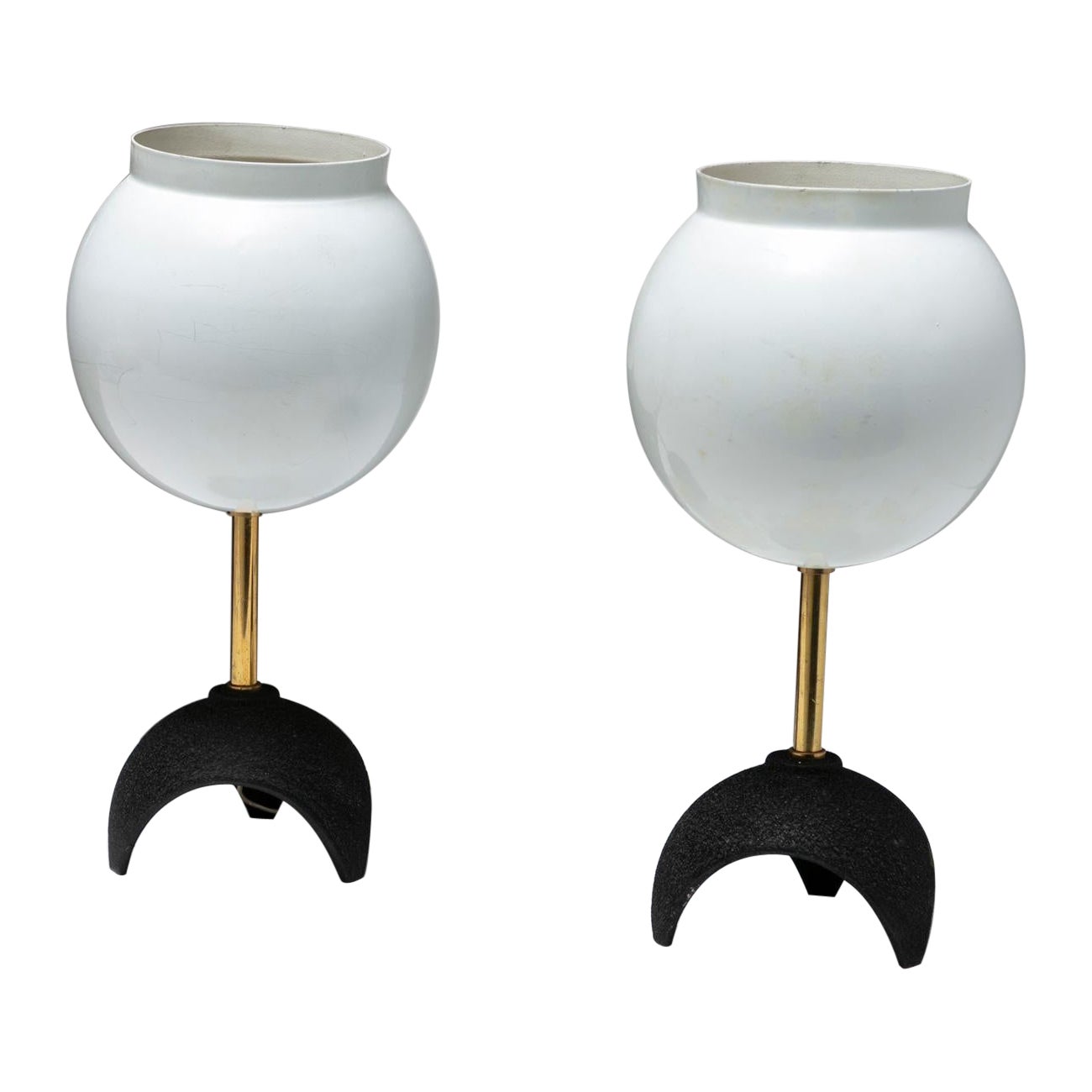 Set of Two Tiny Tulip Shaped Metal and Brass Table Lamps, Italy, 1950s For Sale