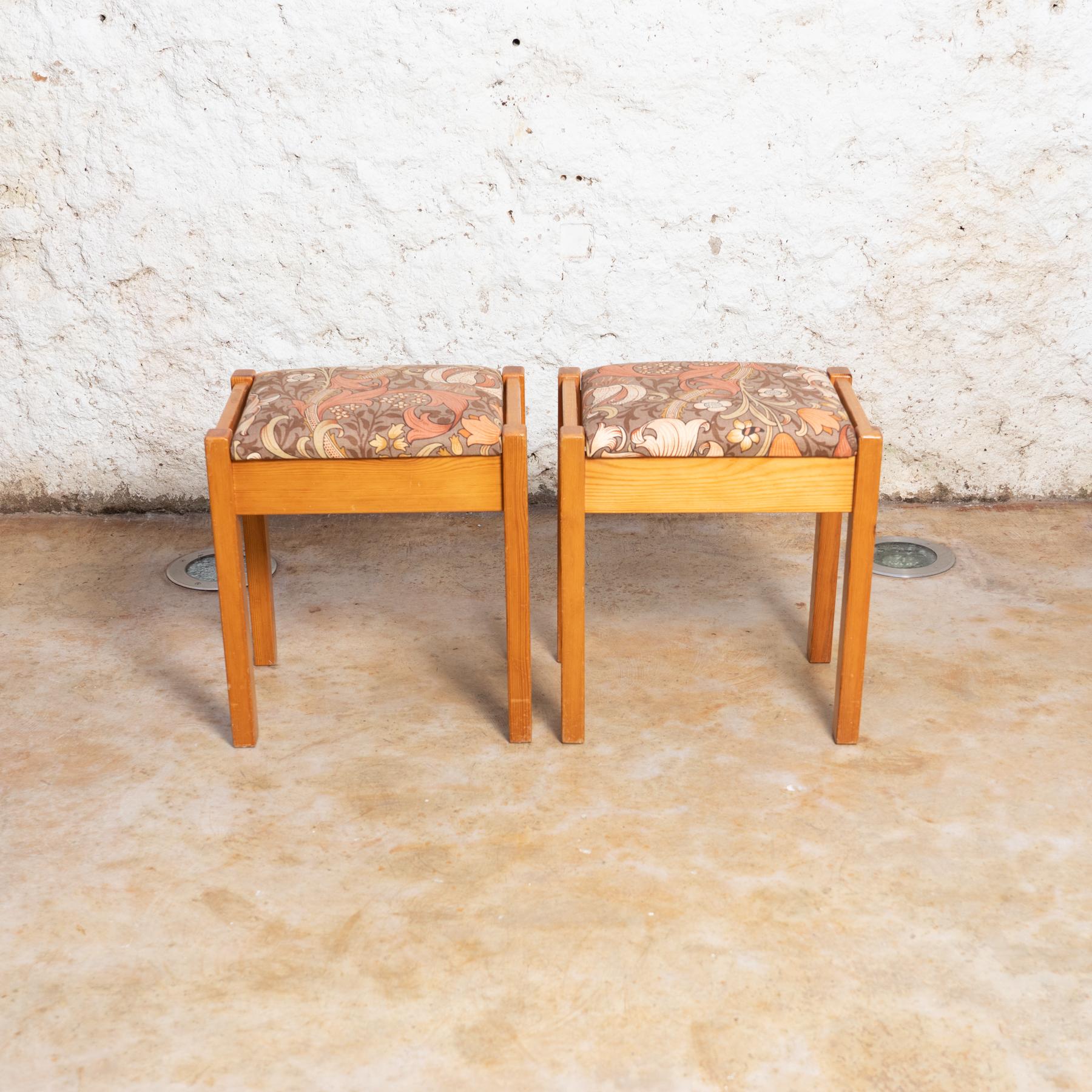 Mid-Century Modern Set of Two Traditional Catalan Pine Stools in Original Fabric, circa 1960