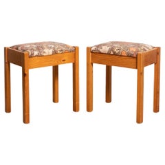 Used Set of Two Traditional Catalan Pine Stools in Original Fabric, circa 1960