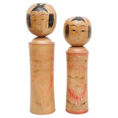 Vintage Set of Two Traditional Japanese Kokeshi Dolls, circa 1930