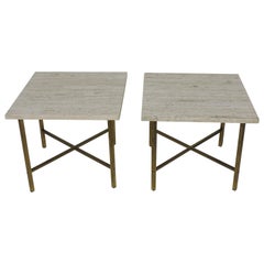 Set of Two Travertine Marble and Brass Square Coffee or End Tables McCobb Style