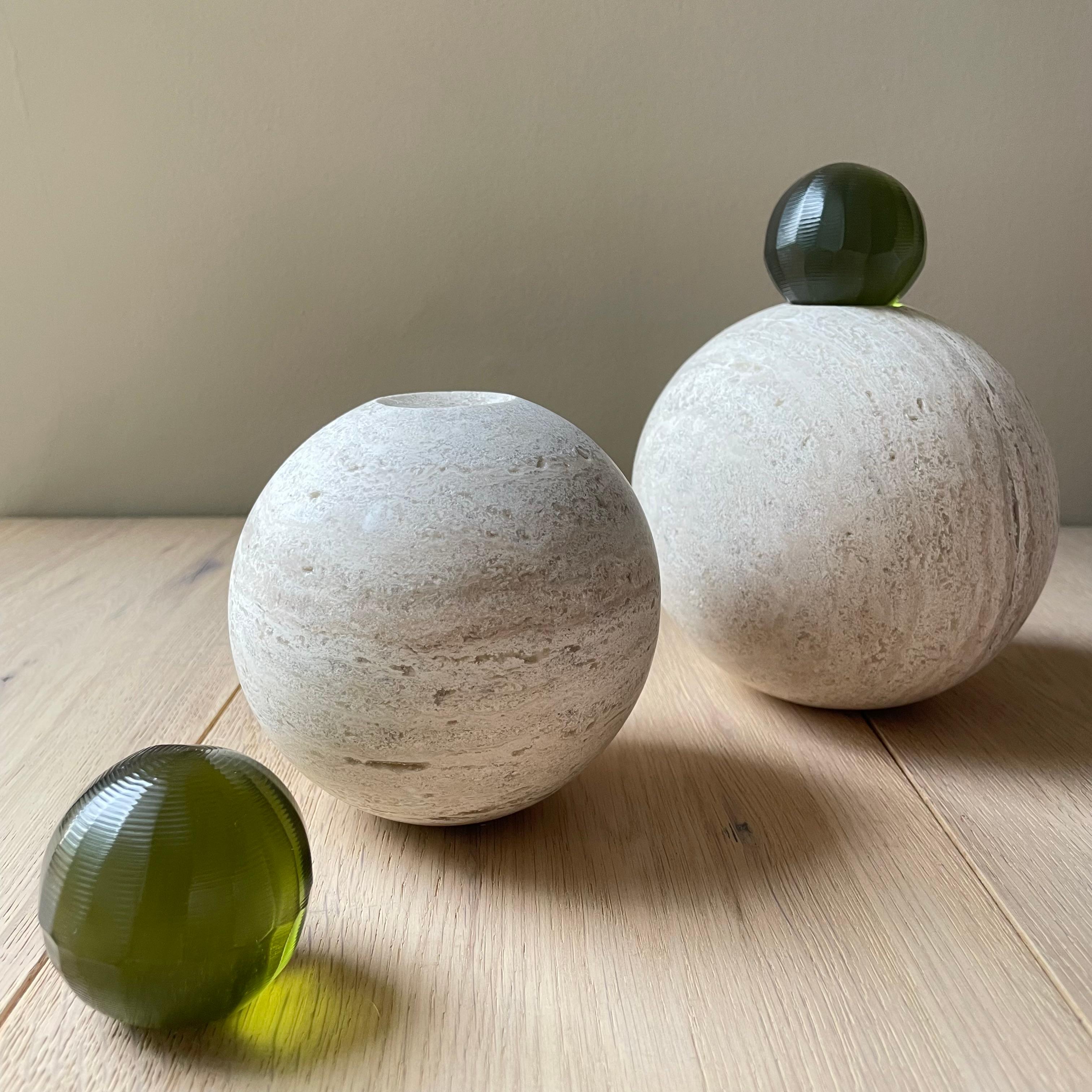 Modern Set of Two Travertine Marble & Resin Stack Sphere Sculptures by Paola Valle For Sale