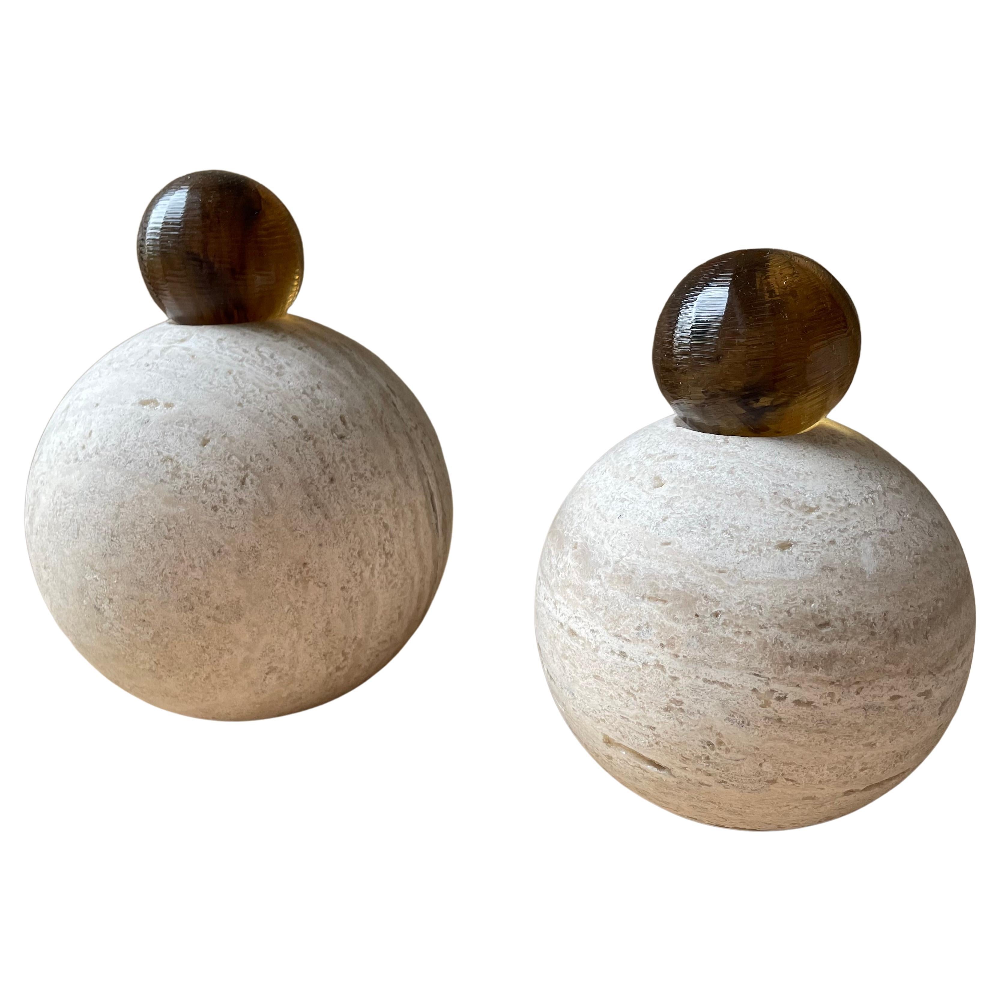 Set of Two Travertine Marble & Resin Stack Sphere Sculptures by Paola Valle For Sale