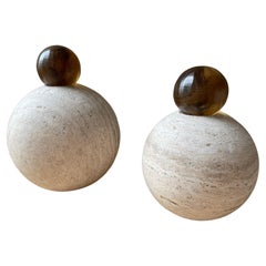 Set of Two Travertine Marble & Resin Stack Sphere Sculptures by Paola Valle