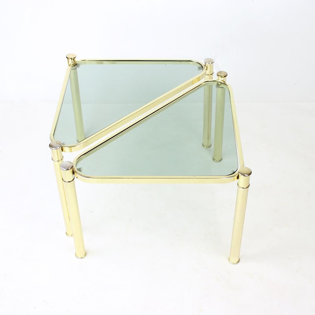 Set Of Two Triangle Brass Side Tables With Glass, Czechoslovakia 1970s In Good Condition For Sale In Zohor, SK