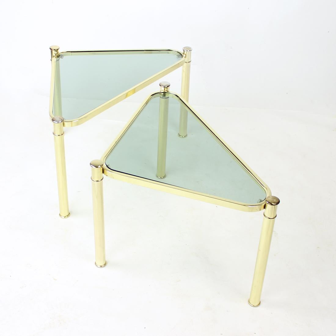 Late 20th Century Set Of Two Triangle Brass Side Tables With Glass, Czechoslovakia 1970s For Sale