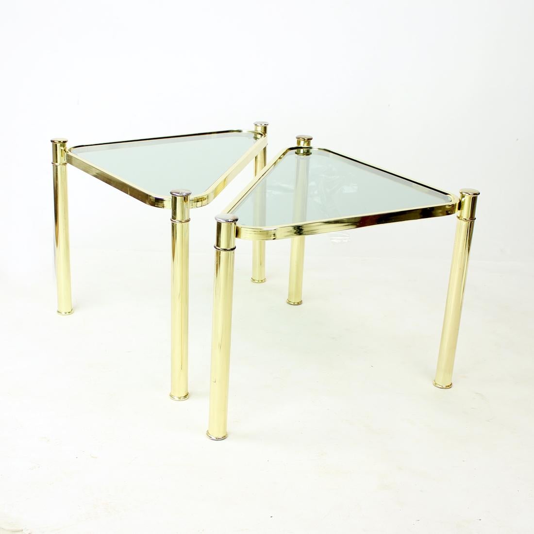Metal Set Of Two Triangle Brass Side Tables With Glass, Czechoslovakia 1970s For Sale