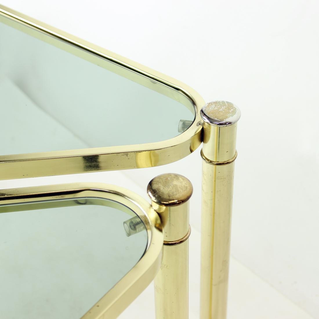 Set Of Two Triangle Brass Side Tables With Glass, Czechoslovakia 1970s For Sale 1