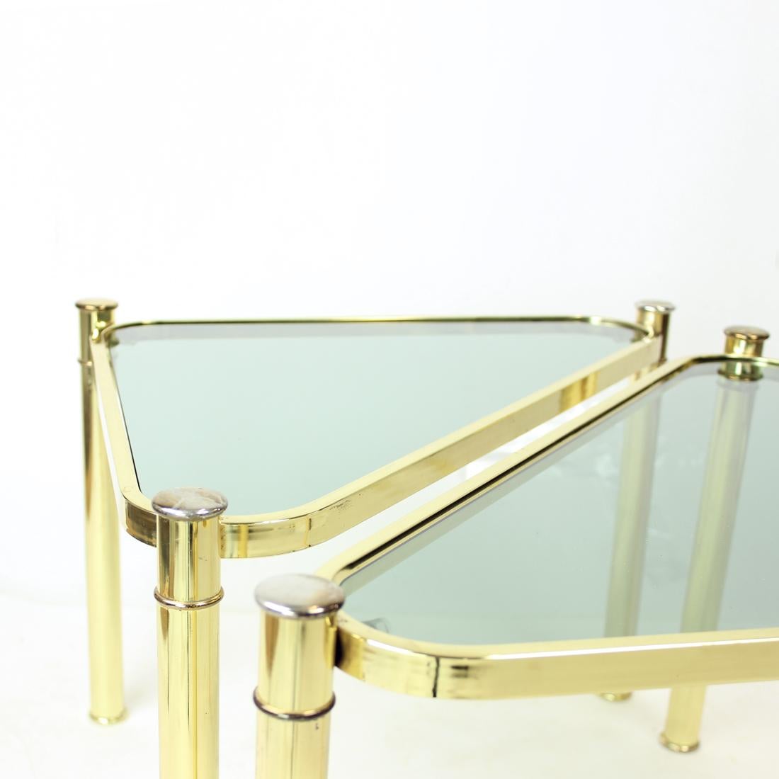 Set Of Two Triangle Brass Side Tables With Glass, Czechoslovakia 1970s For Sale 2