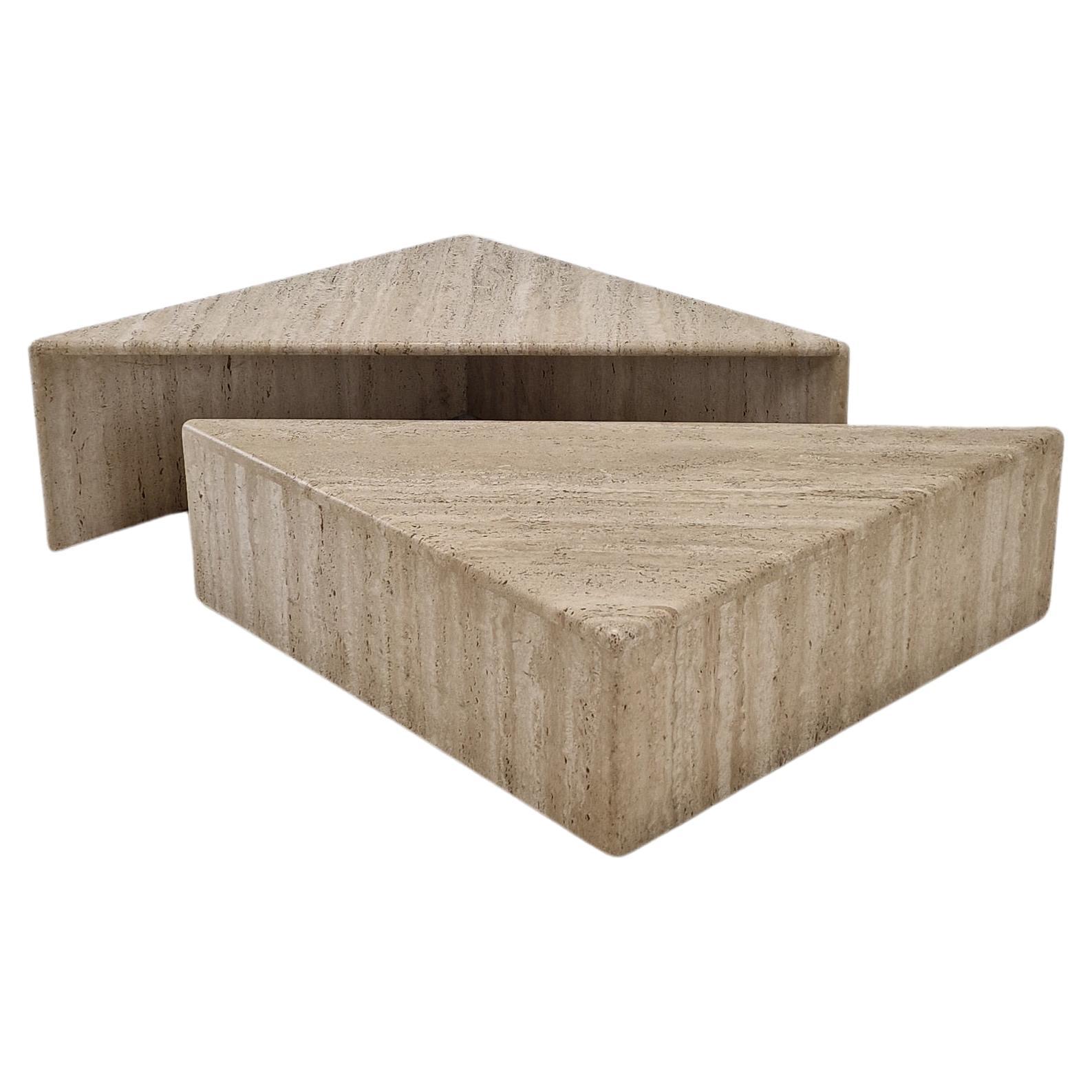 Set of Two Triangle Coffee Tables In Travertine By Up & Up, Italy 1980's For Sale