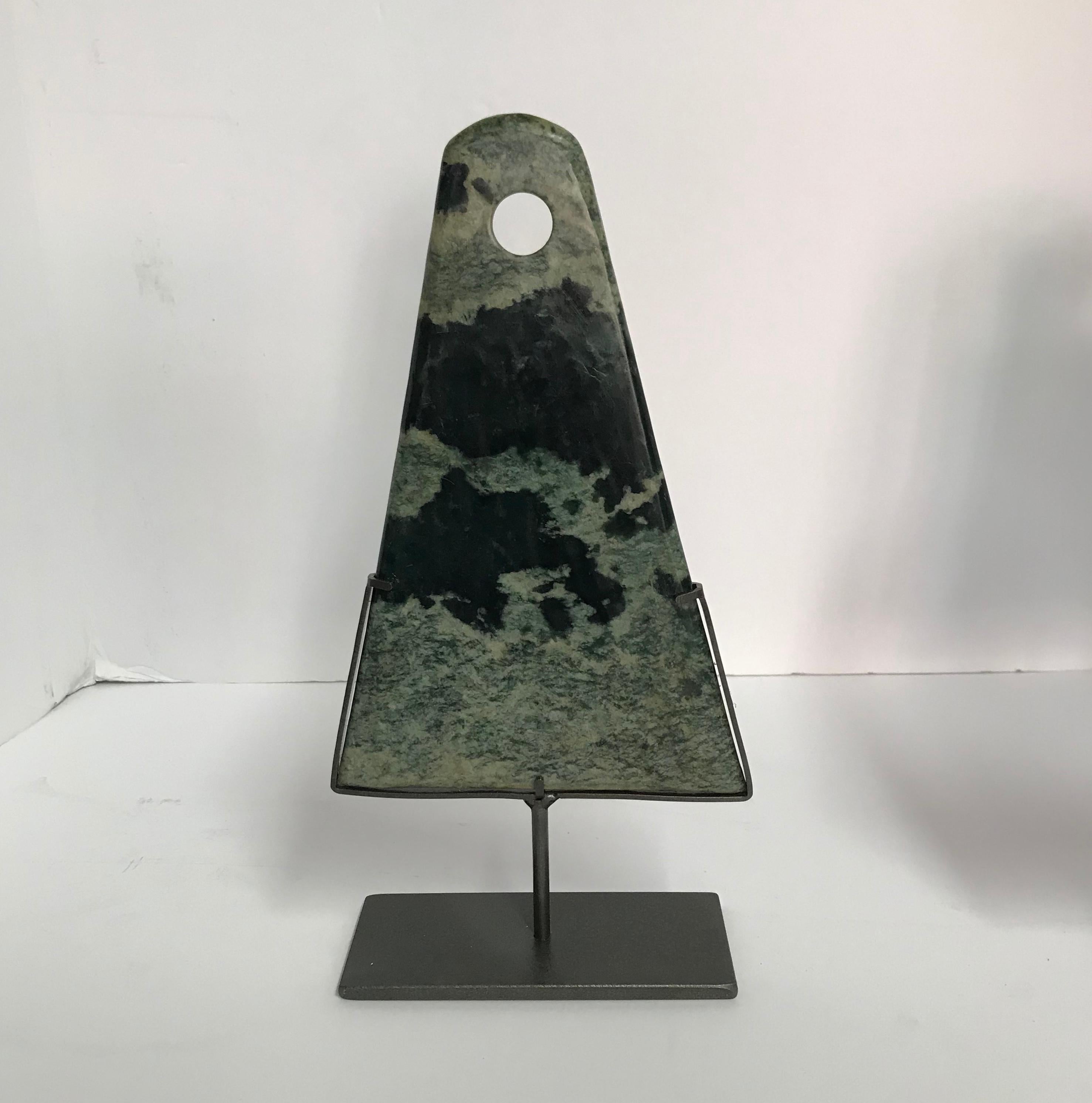 Green Set of Two Triangle Shaped Stone Disc Sculptures, China, Contemporary In New Condition In New York, NY