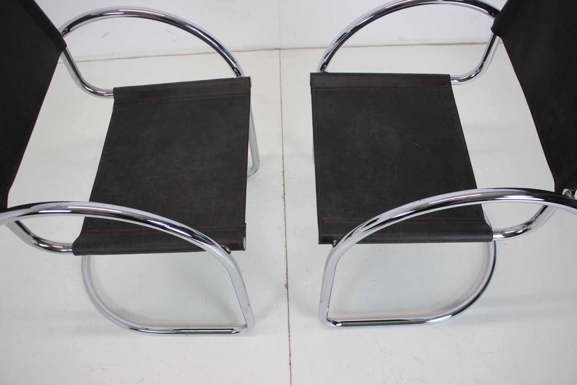 Leather Set of Two Tubular Chrome Armchairs, 1970's