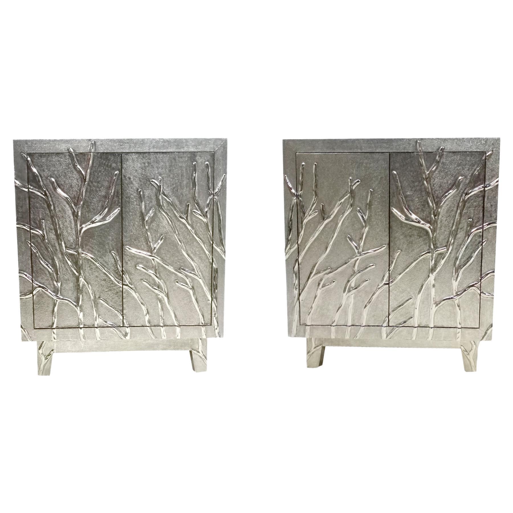 Set of Two Twig Nightstands in White Bronze Handcrafted in India For Sale