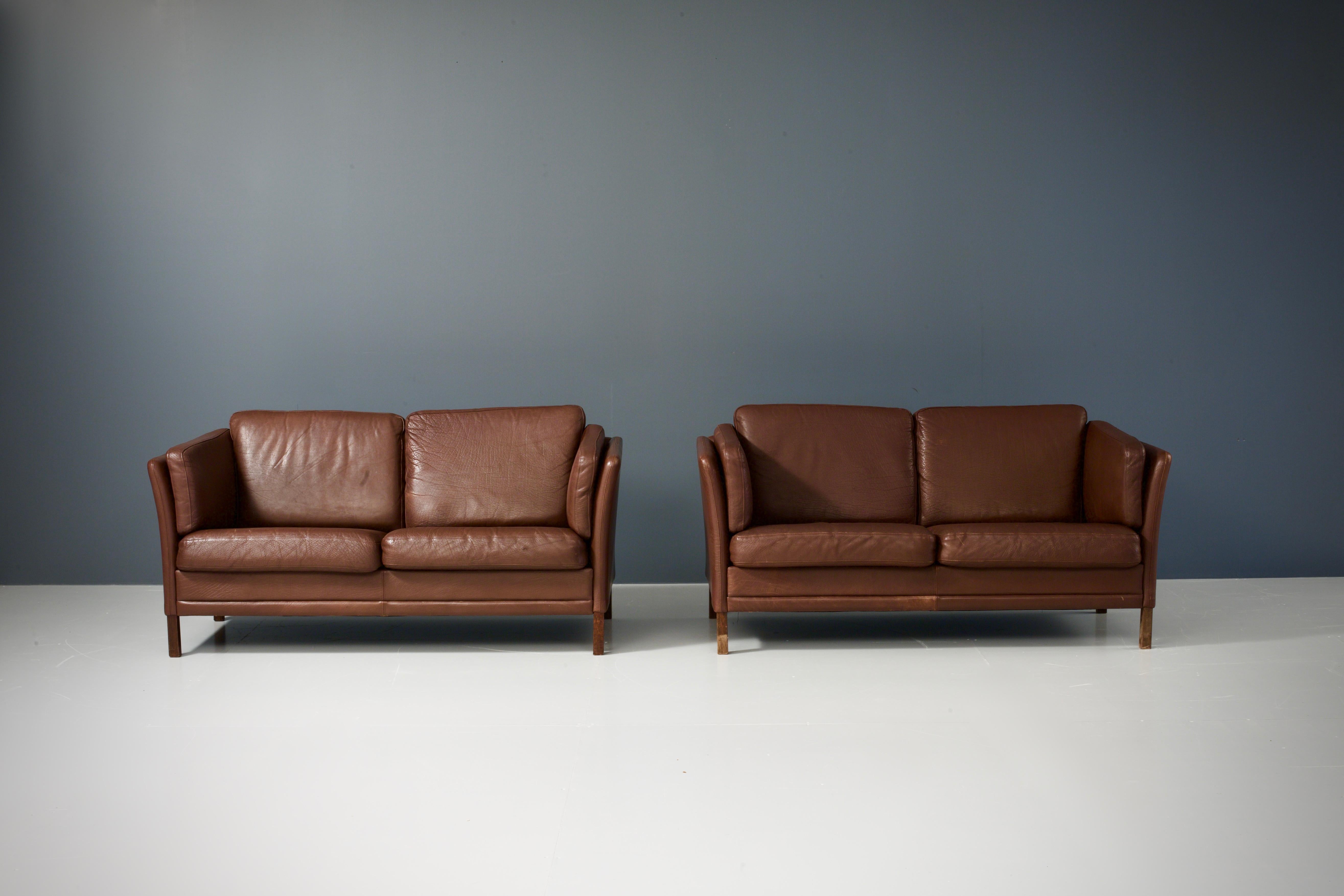 Mid-Century Modern Set of Two, Two-Seat Sofa’s in Leather by Mogens Hansen, Denmark, 1960s For Sale