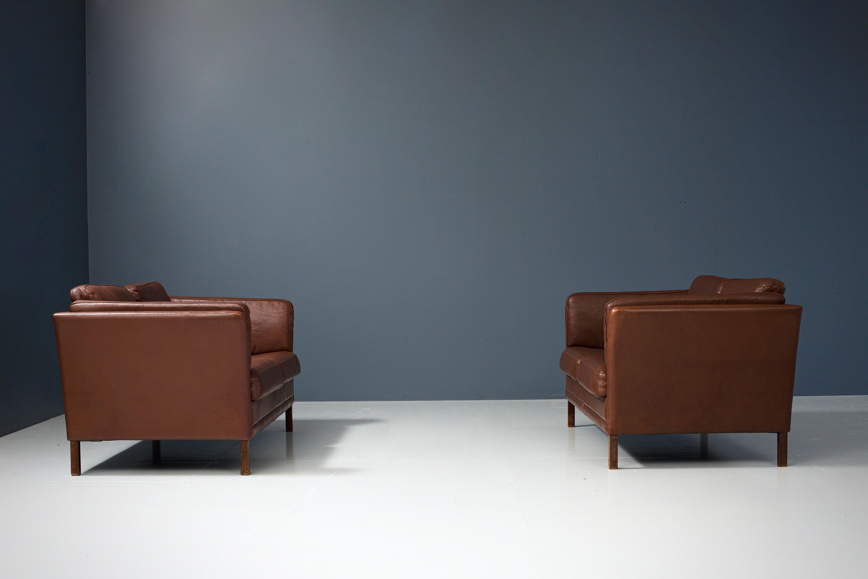 Mid-20th Century Set of Two, Two-Seat Sofa’s in Leather by Mogens Hansen, Denmark, 1960s For Sale