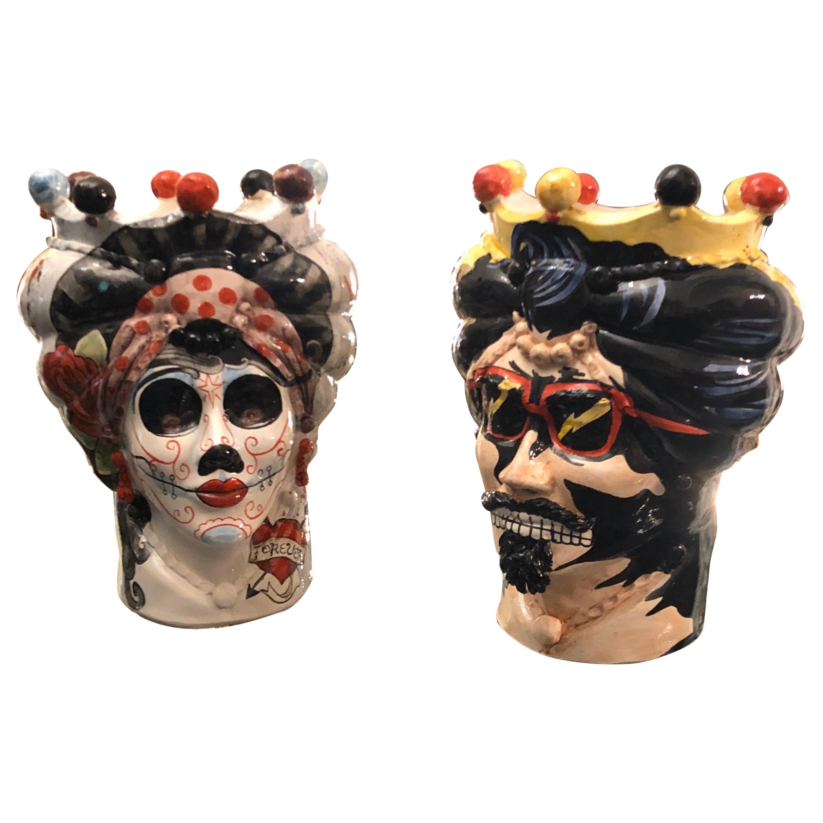 Set of Two Unique Hand Painted Ceramic Sicilian Head Vases