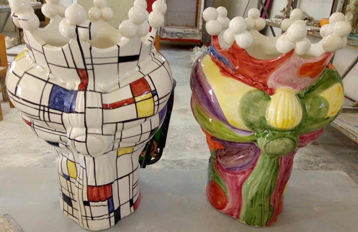 Two totally handcrafted and painted vases. They are in white clay, made specifically for our shop, pop art inspired, they are unique pieces, signed on the bottom with M R initials and 1/1.