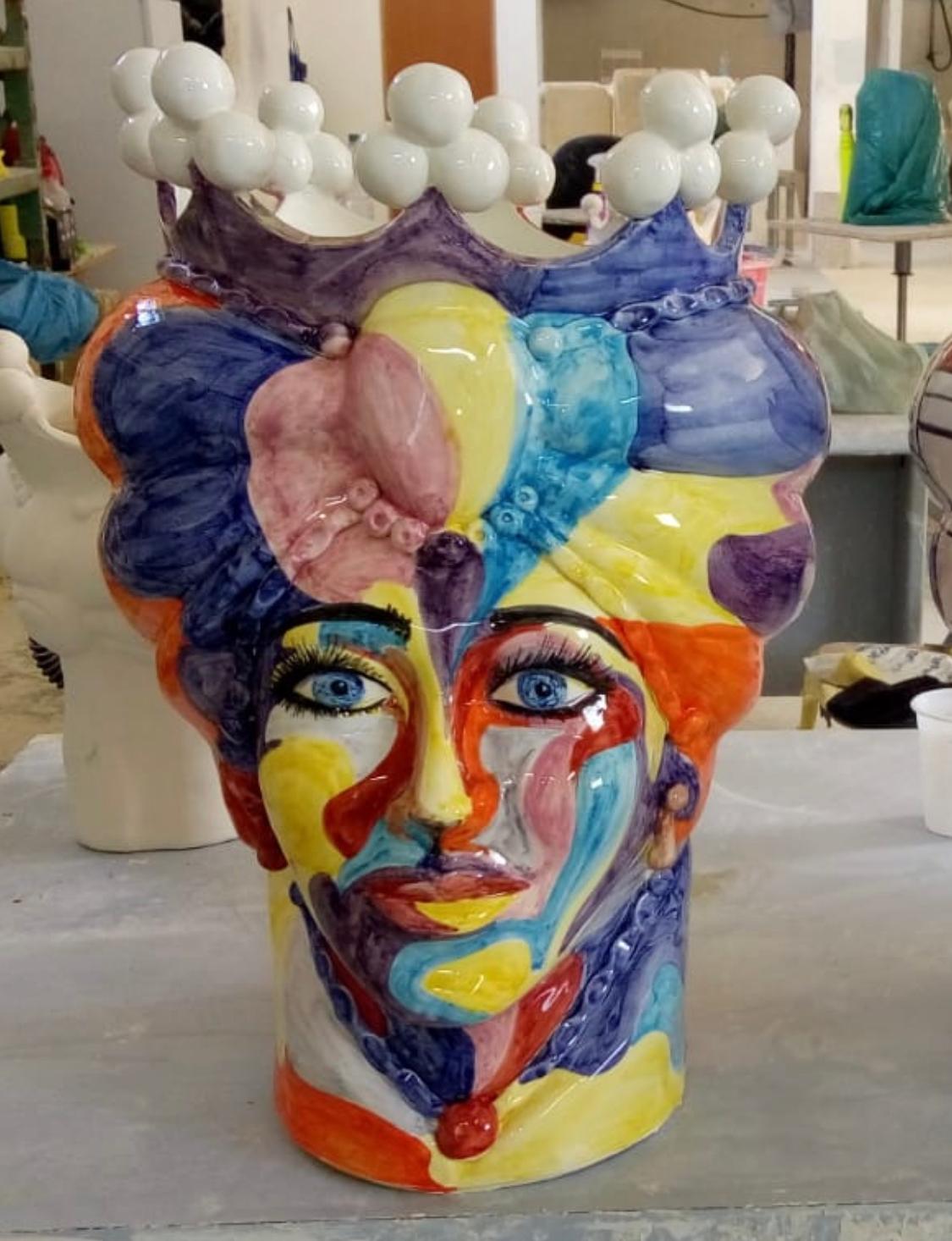 Modern Set of Two Unique Pieces Ceramic Sicilian Moro's Head Vases in Pop Art Style