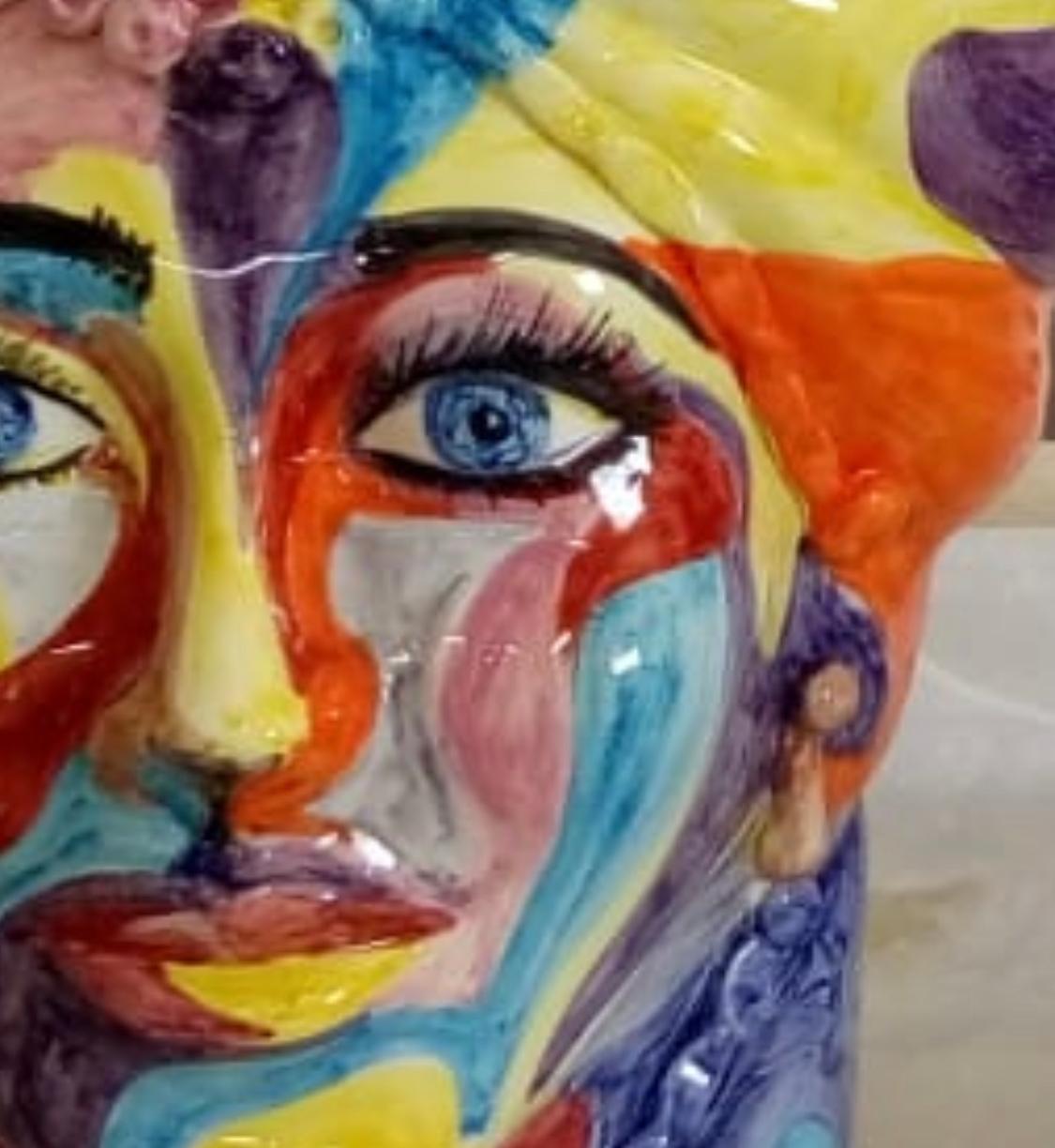 Hand-Painted Set of Two Unique Pieces Ceramic Sicilian Moro's Head Vases in Pop Art Style