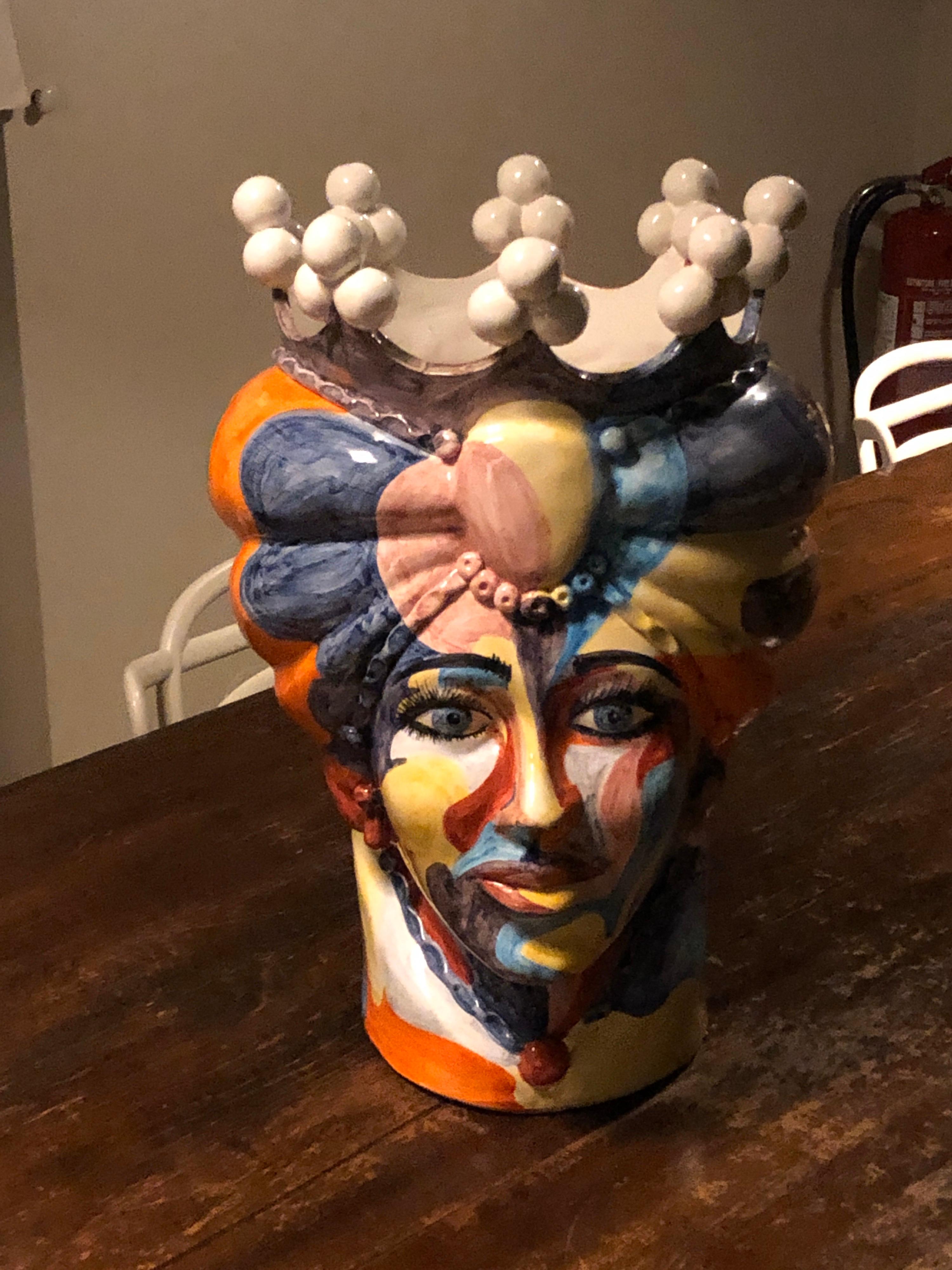 Clay Set of Two Unique Pieces Ceramic Sicilian Moro's Head Vases in Pop Art Style