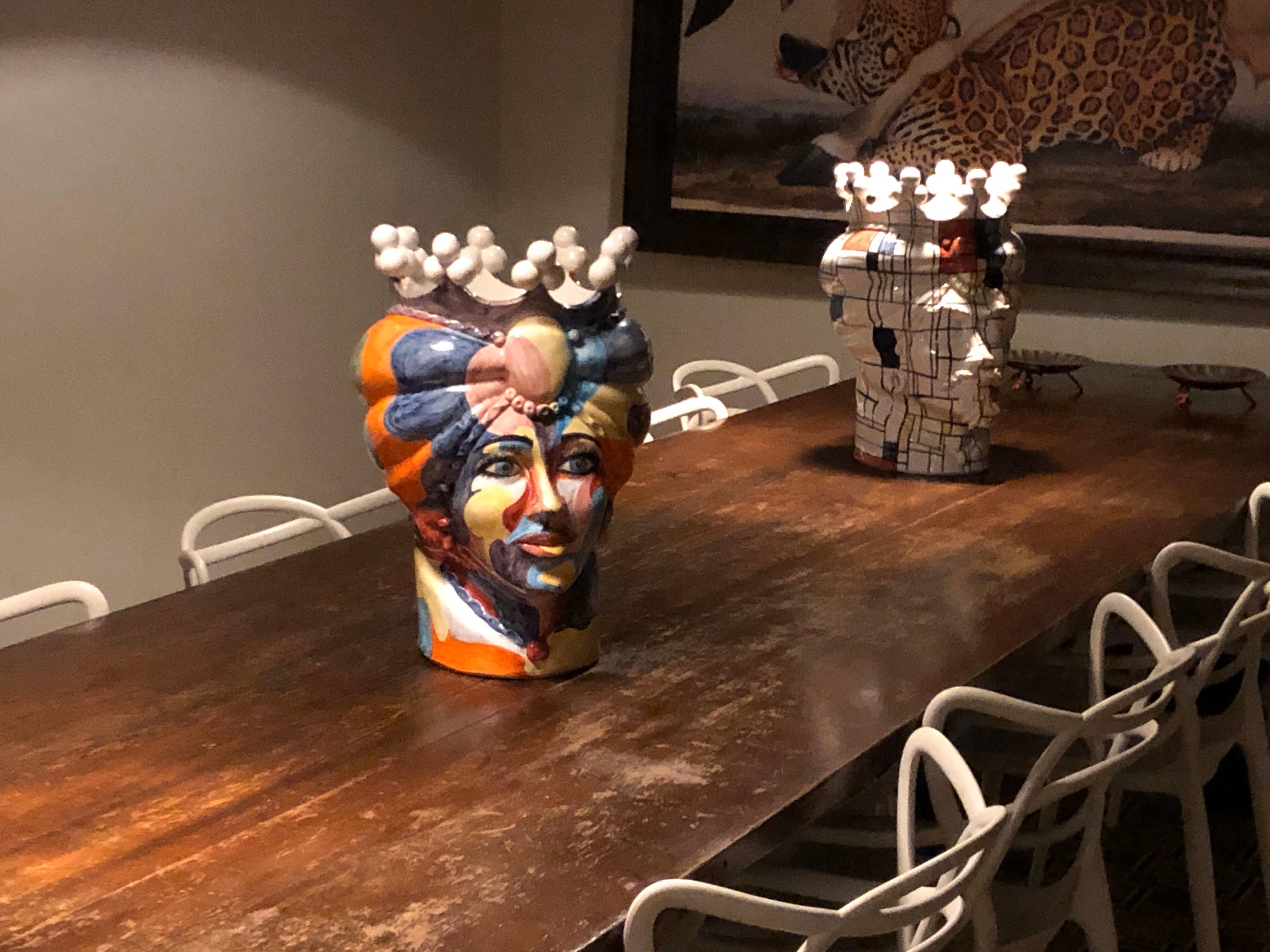 Set of Two Unique Pieces Ceramic Sicilian Moro's Head Vases in Pop Art Style 1