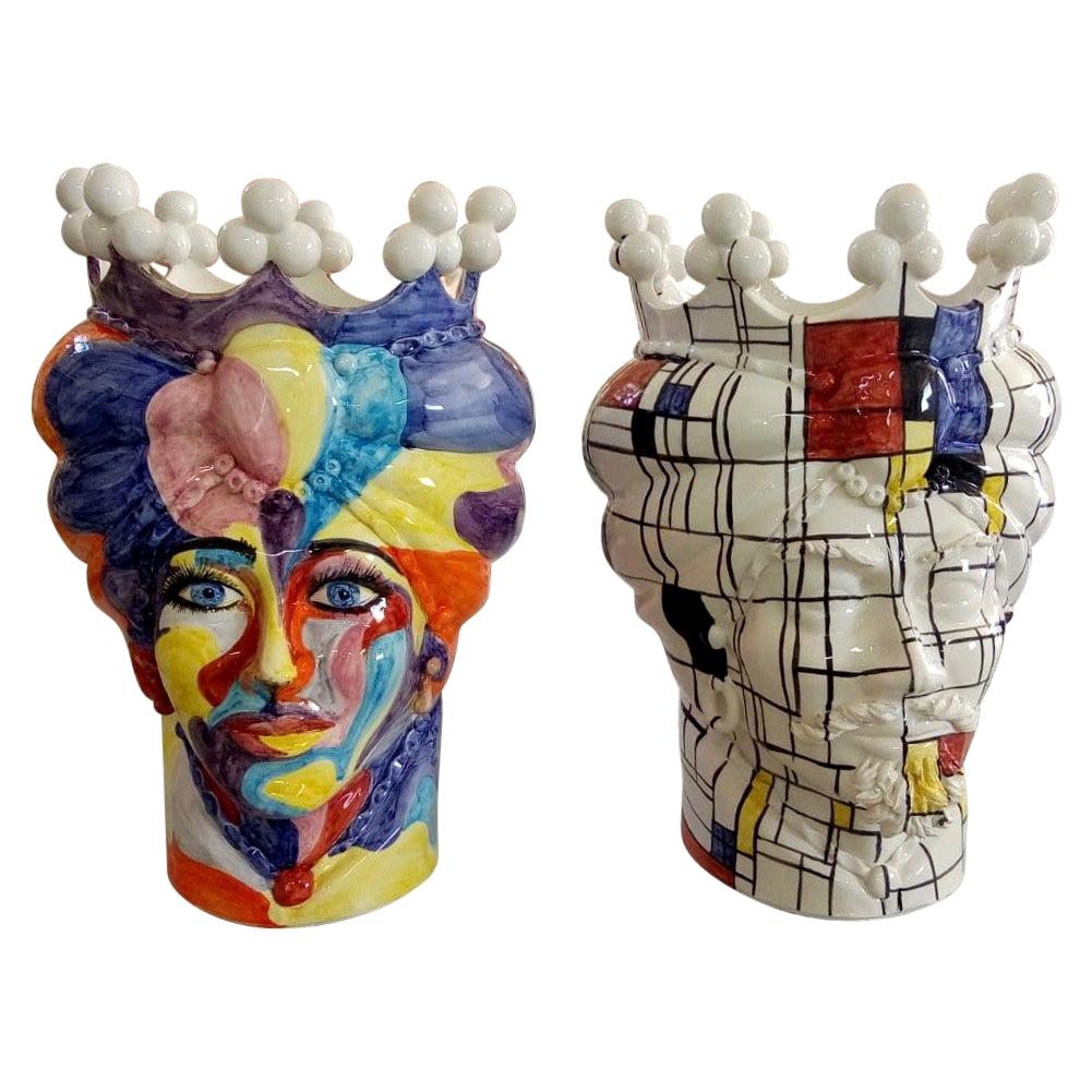 Set of Two Unique Pieces Ceramic Sicilian Moro's Head Vases in Pop Art Style