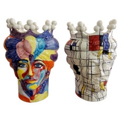 Set of Two Unique Pieces Ceramic Sicilian Moro's Head Vases in Pop Art Style