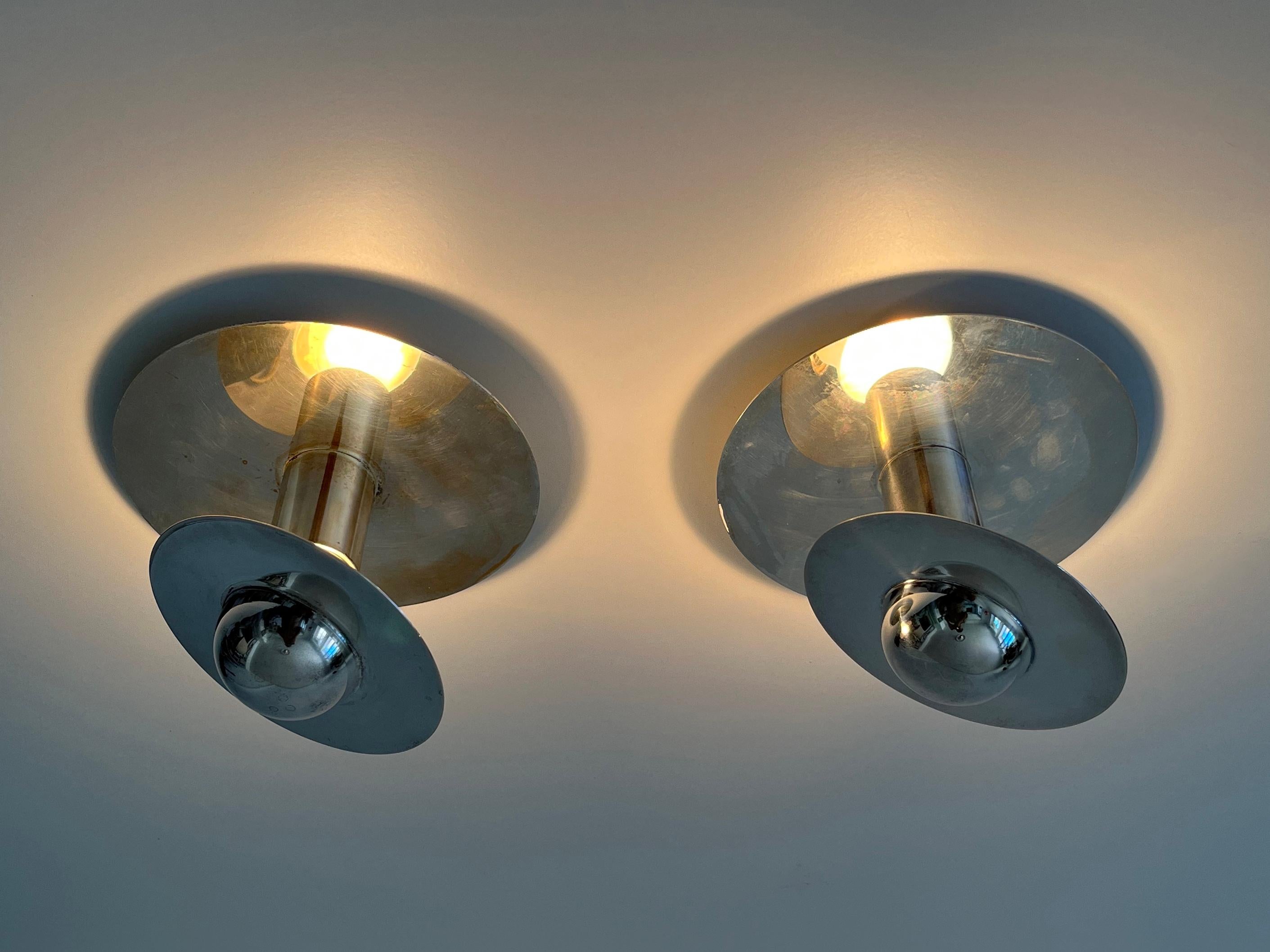 Set of Two Unique Silver-Plated Brass Flush Mounts or Sconces Germany 1970s For Sale 5