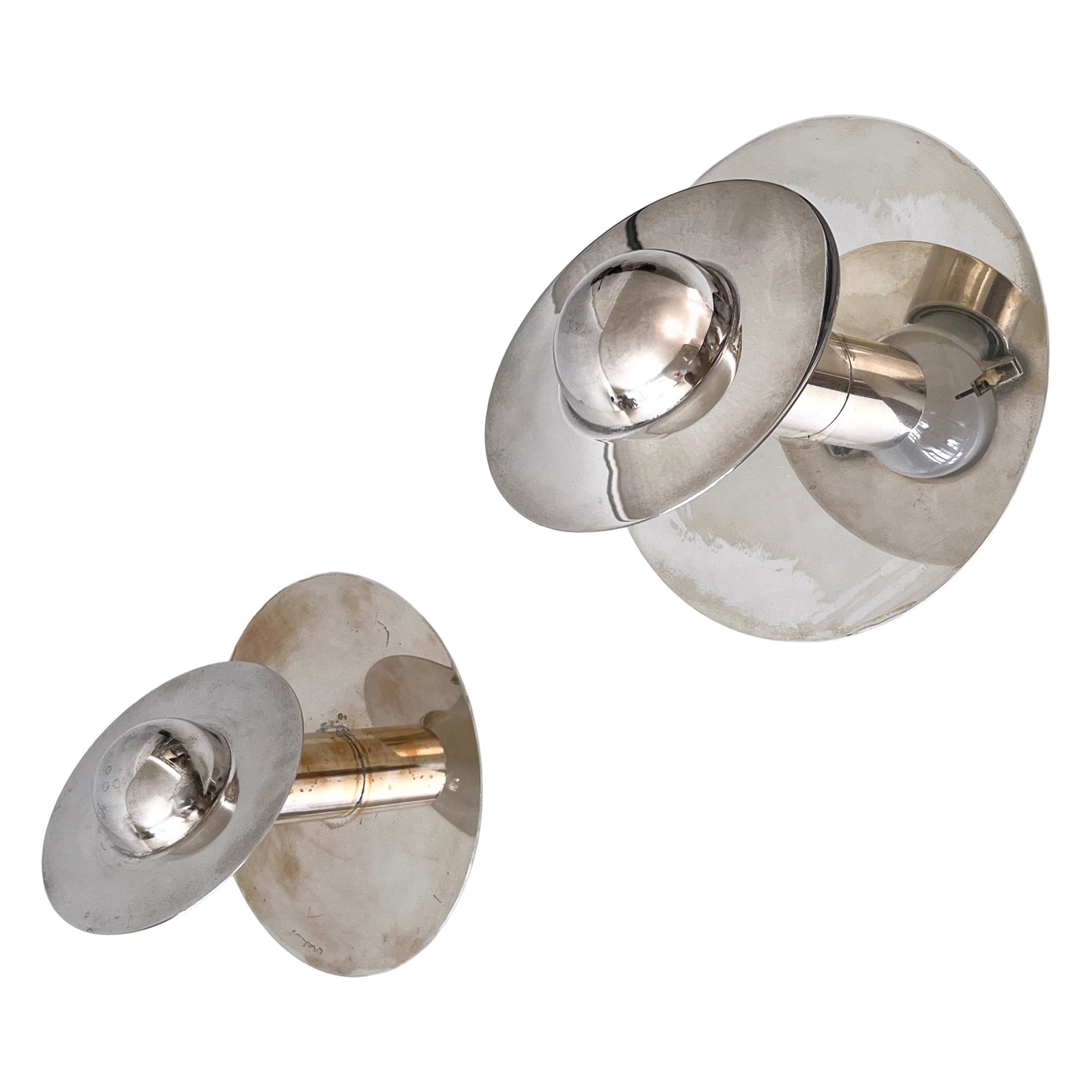 Set of Two Unique Silver-Plated Brass Flush Mounts or Sconces Germany 1970s For Sale