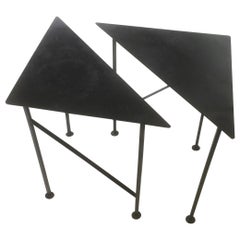 Set of Two, Unique Triangular Handcrafted Blackened Iron Drink Tables