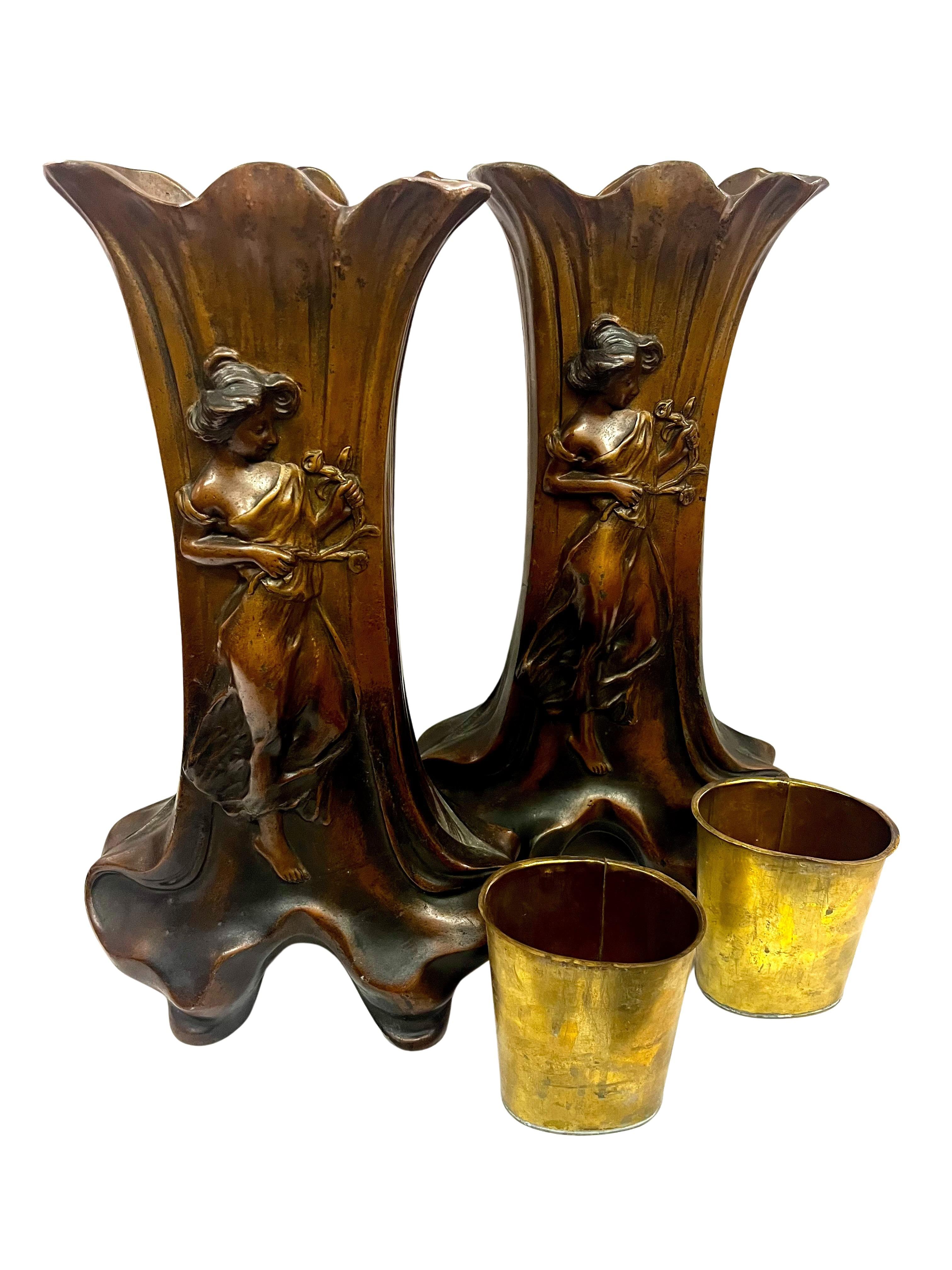 Set di due vasi, ottica jardiniere in bronzo, Jugendstil Art Nouveau, Francia, 1900 in vendita 4
