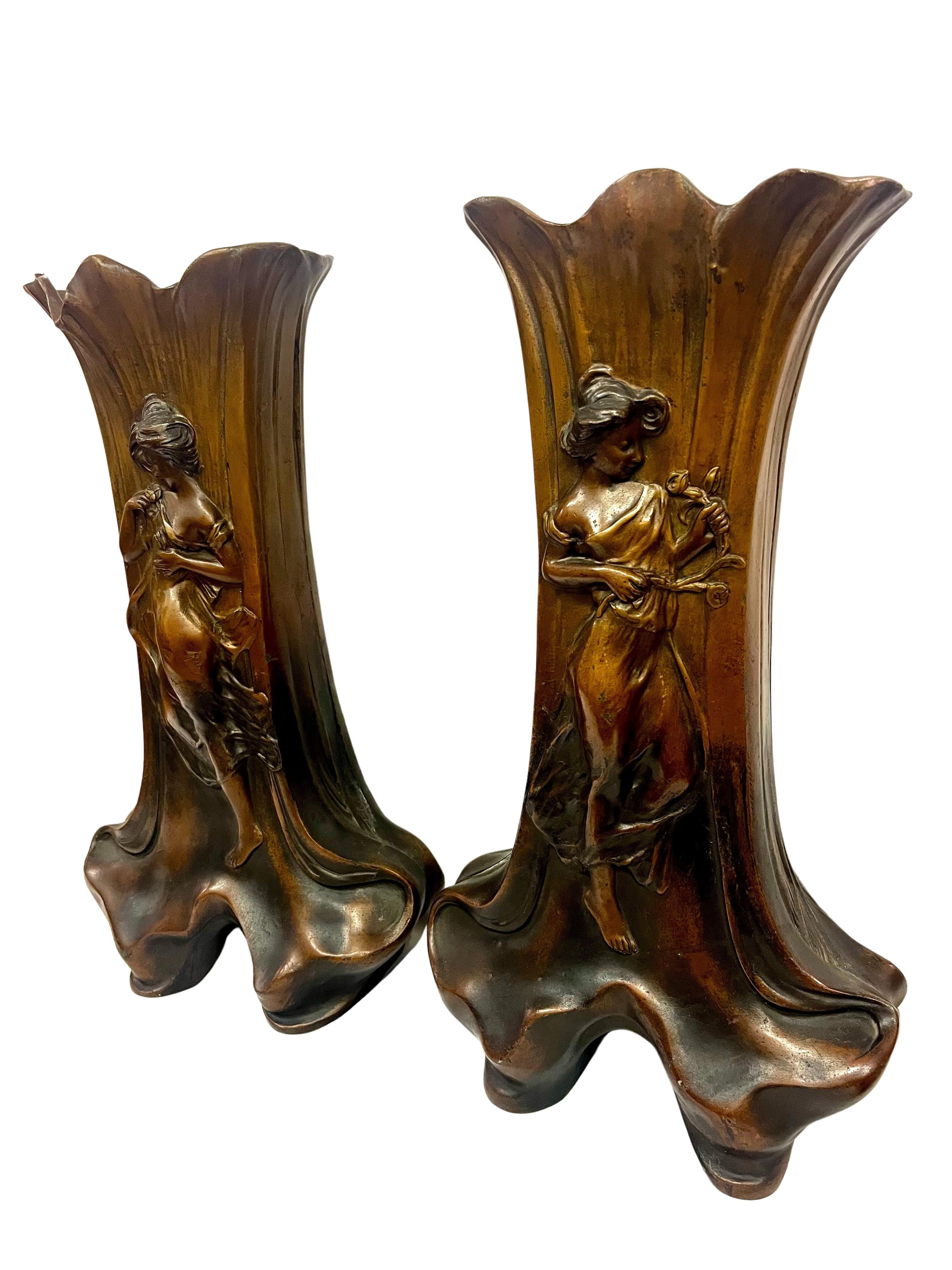 Pittura a freddo Set di due vasi, ottica jardiniere in bronzo, Jugendstil Art Nouveau, Francia, 1900 in vendita
