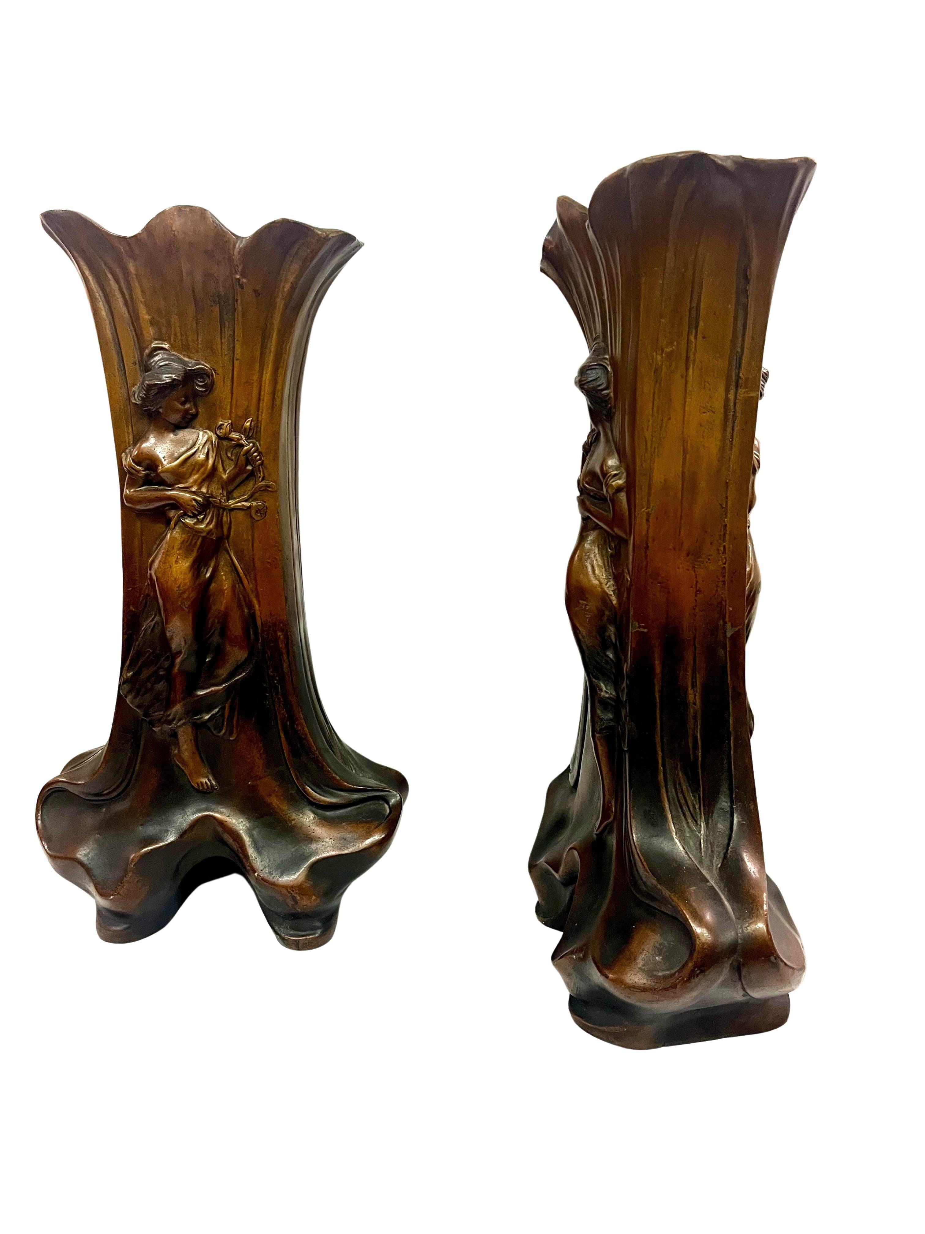 Ottone Set di due vasi, ottica jardiniere in bronzo, Jugendstil Art Nouveau, Francia, 1900 in vendita