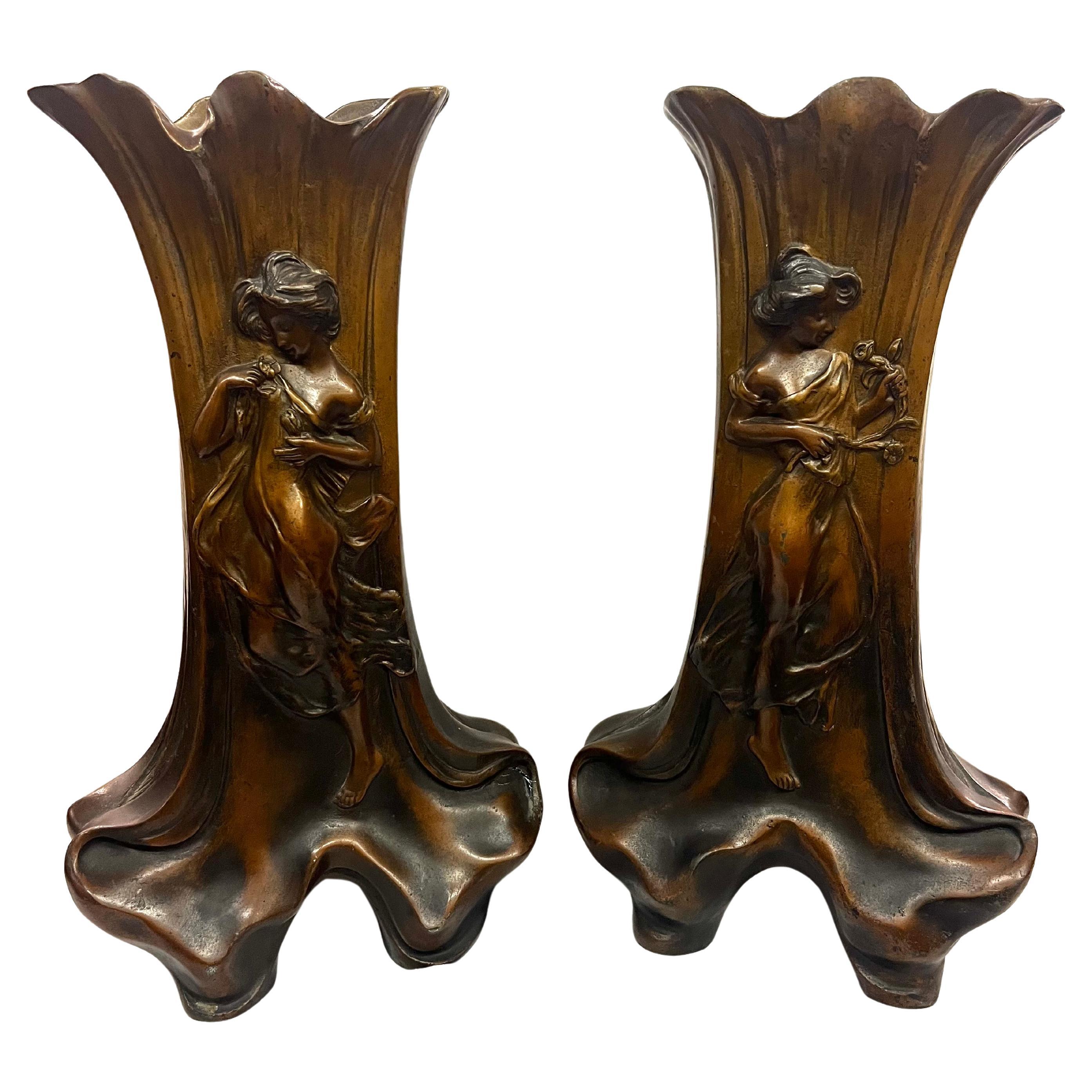 Set di due vasi, ottica jardiniere in bronzo, Jugendstil Art Nouveau, Francia, 1900 in vendita