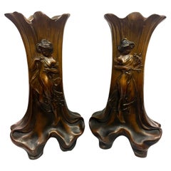 Set di due vasi, ottica jardiniere in bronzo, Jugendstil Art Nouveau, Francia, 1900