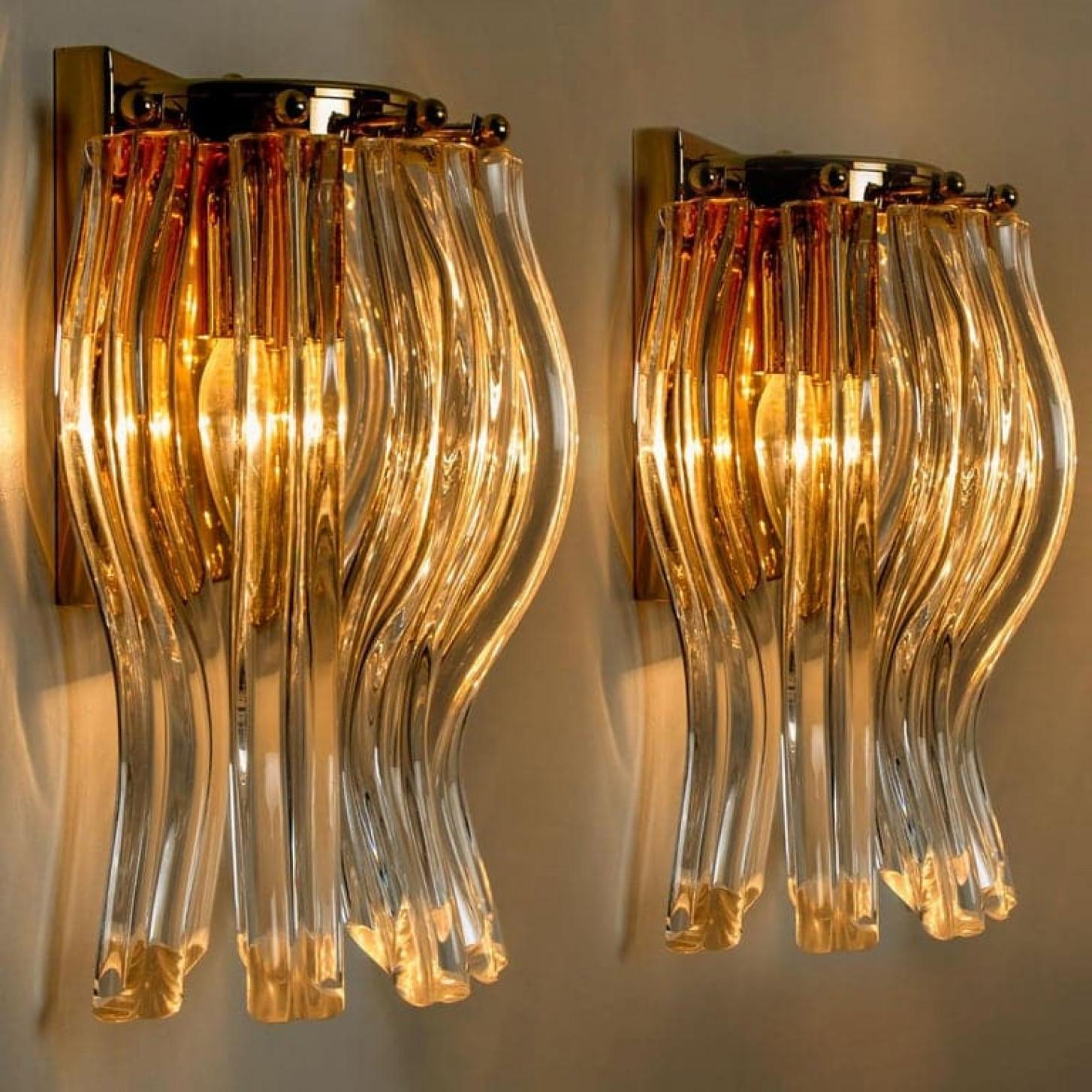 Art Déco Set di due sconsigliere in vetro di Murano e ottone dorato in stile Venini, Italia in vendita