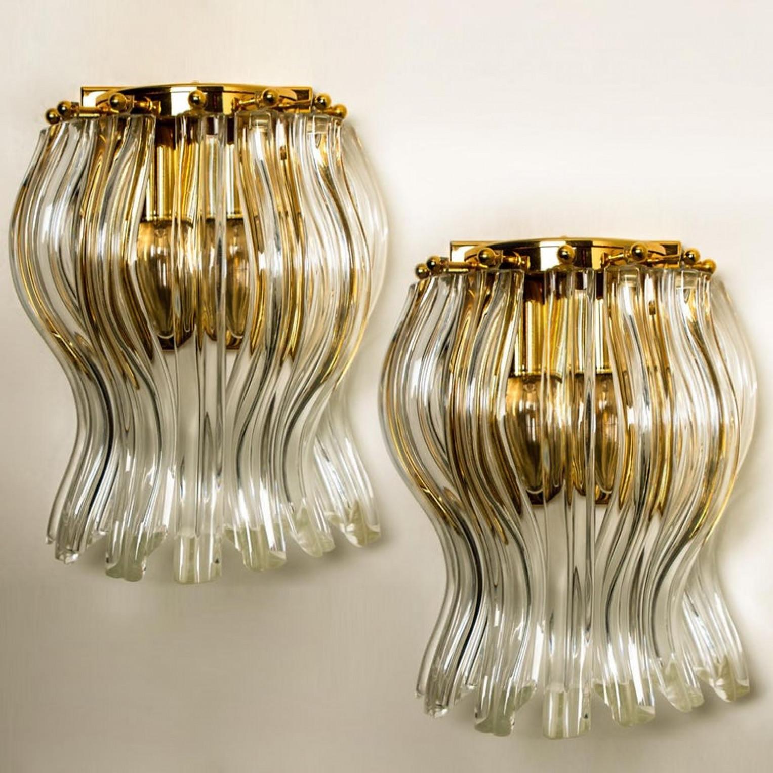 Late 20th Century Set of Two Venini Style Murano Glass and Gilt Brass Sconces, Italy For Sale