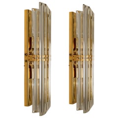 Set of Two Venini Style Murano Glass and Gilt Brass Sconces, Italy